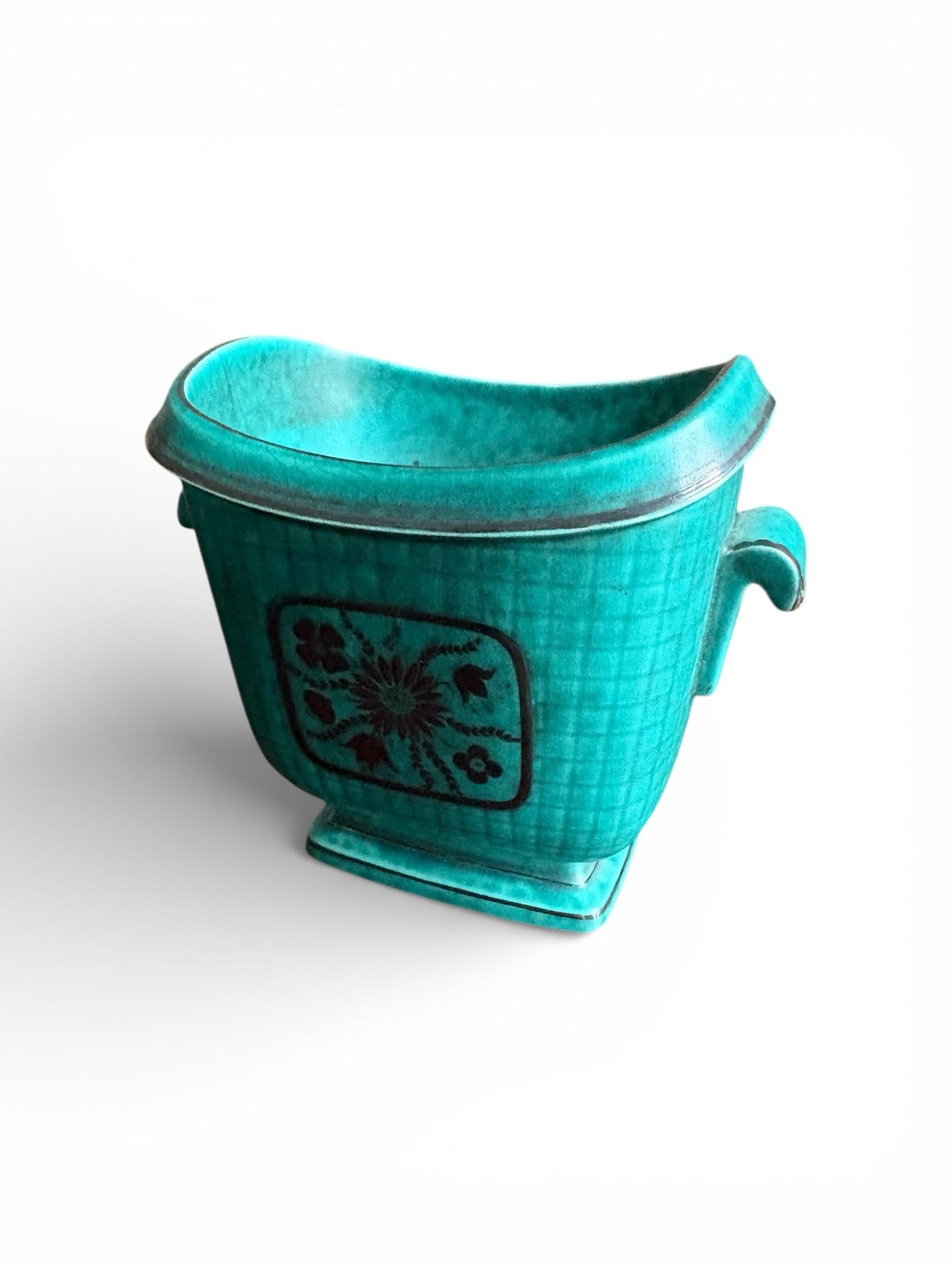 1940s Wilhelm Kage for Gustavsberg Floral "Argenta" Teal Stoneware Vase, Sweden - 6