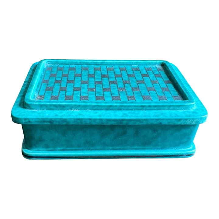 1940s Wilhelm Kage for Gustavsberg 'Argenta' Trinket Box / Sweden: This stunning ceramic turquoise trinket or keepsake box has applied geometric design and was designed by Wilhelm Kage for Gustavsberg Sweden. Hallmarked on the bottom in the stoneware: "Gustavsberg