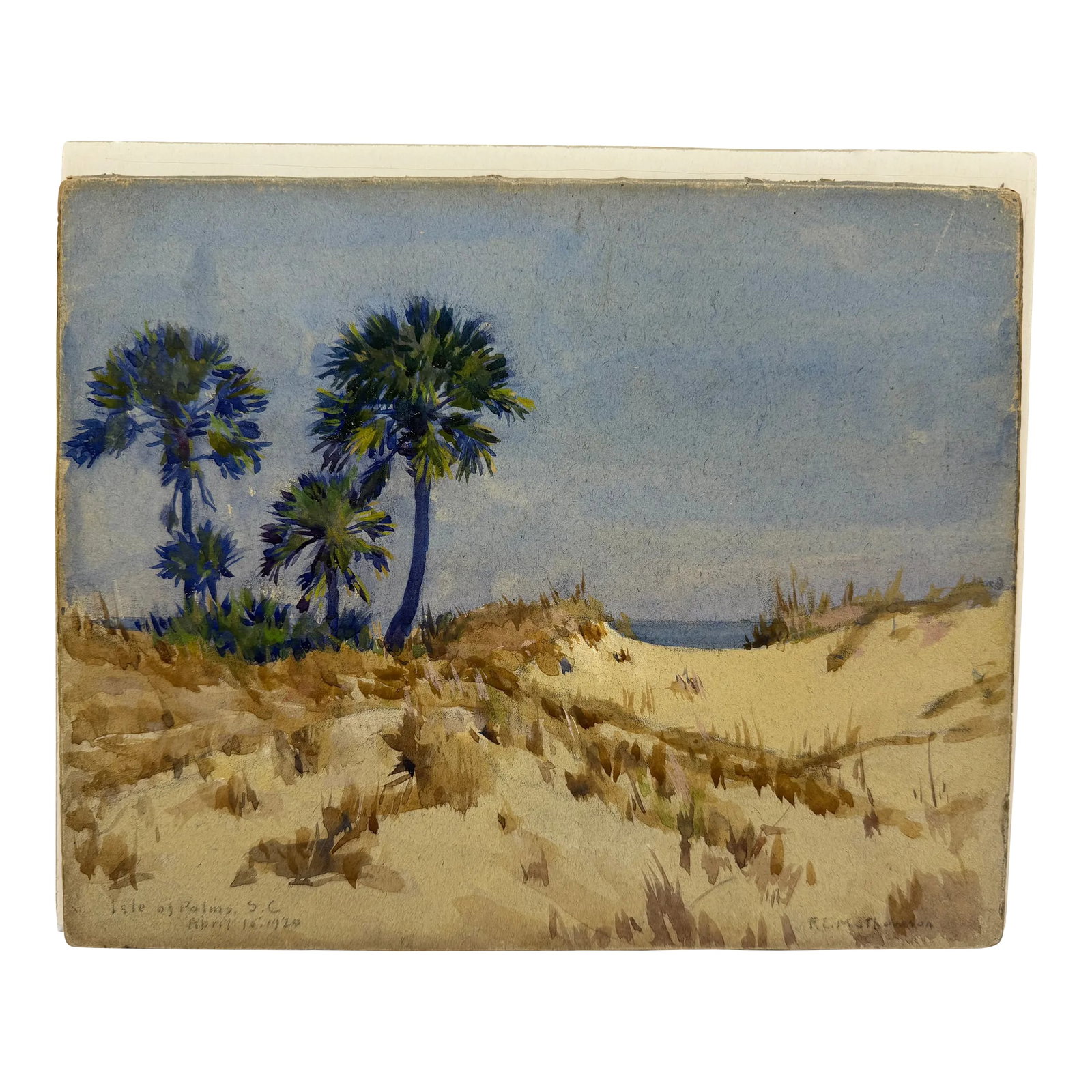 Frank C. Mathewson (American, 1862-1941) Dune Palmettos, Isle of Palms, 1920: Frank Convers Mathewson (American, 1862-1941) Dune Palmettos, Isle of Palms, April 15, 1920 Watercolor on board A luminous plein-air coastal study by Rhode Island artist Frank Convers Mathewson, this