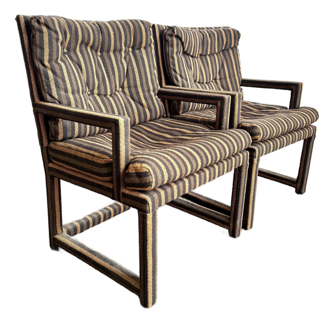 Postmodern Black and Brown Tufted Parsons Arm Chairs - A Pair: This striking pair of Postmodern Parsons arm chairs brings bold design and inviting comfort to any interior. Upholstered in a black and brown striped fabric, the chairs feature a fully upholstered