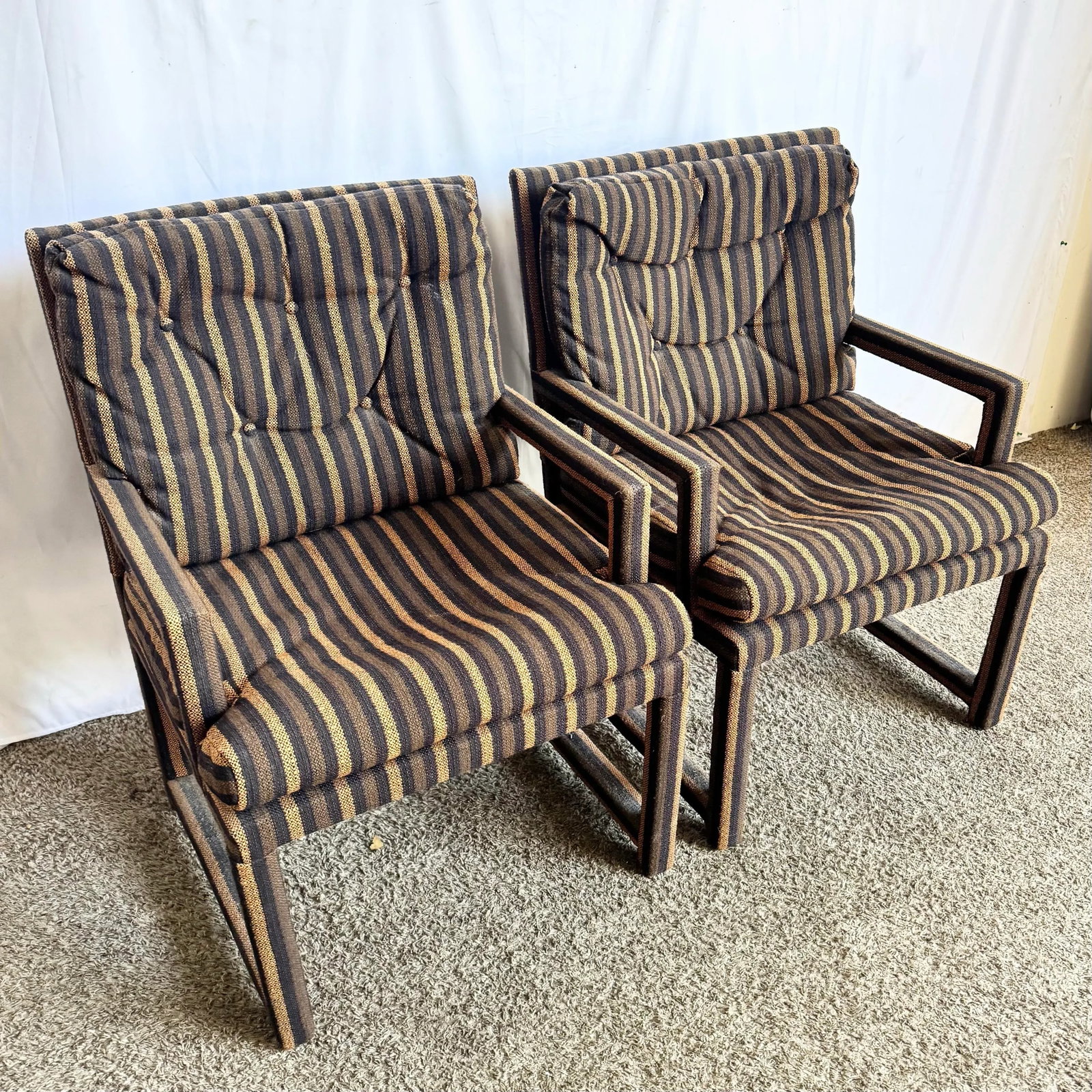Postmodern Black and Brown Tufted Parsons Arm Chairs - A Pair - 2