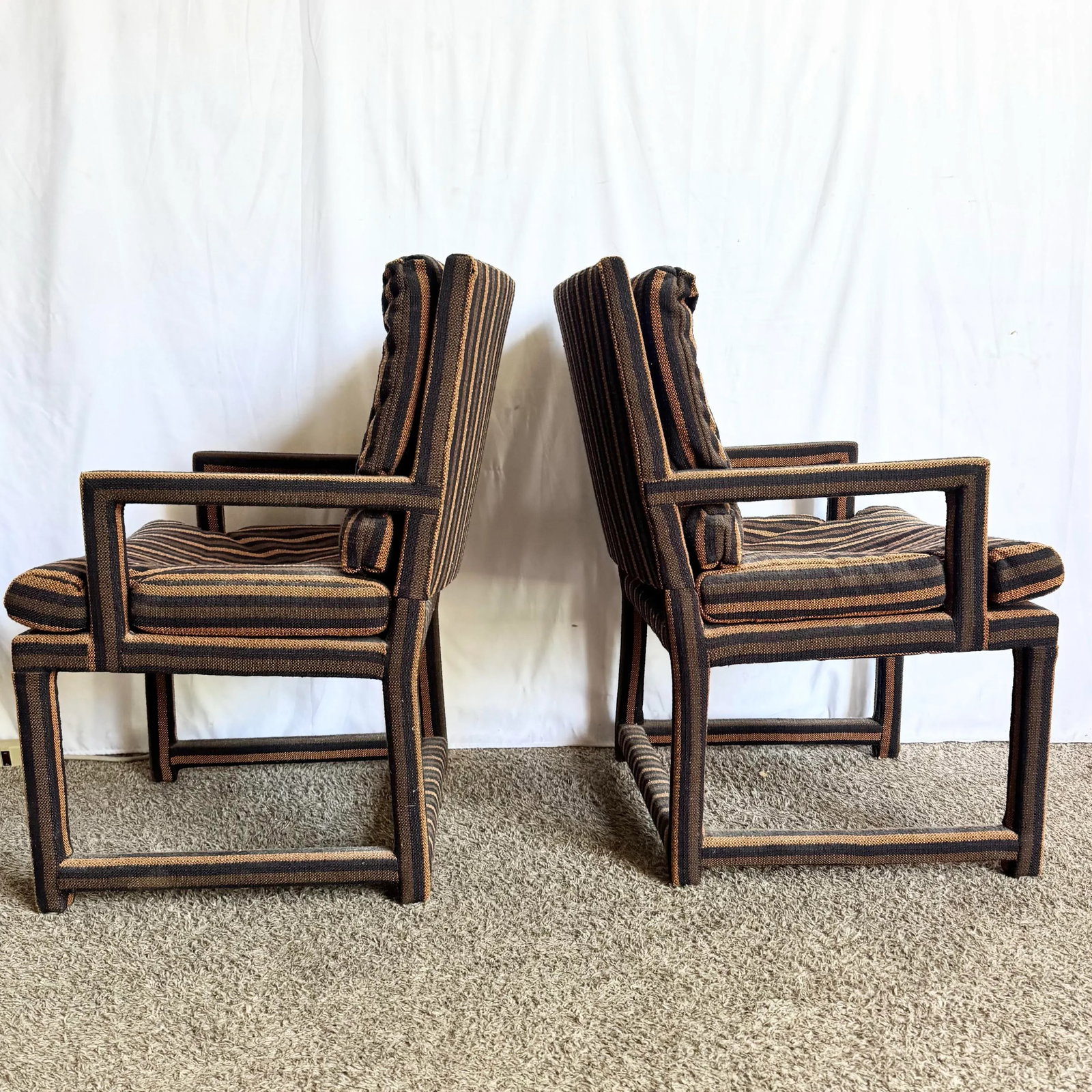 Postmodern Black and Brown Tufted Parsons Arm Chairs - A Pair - 3