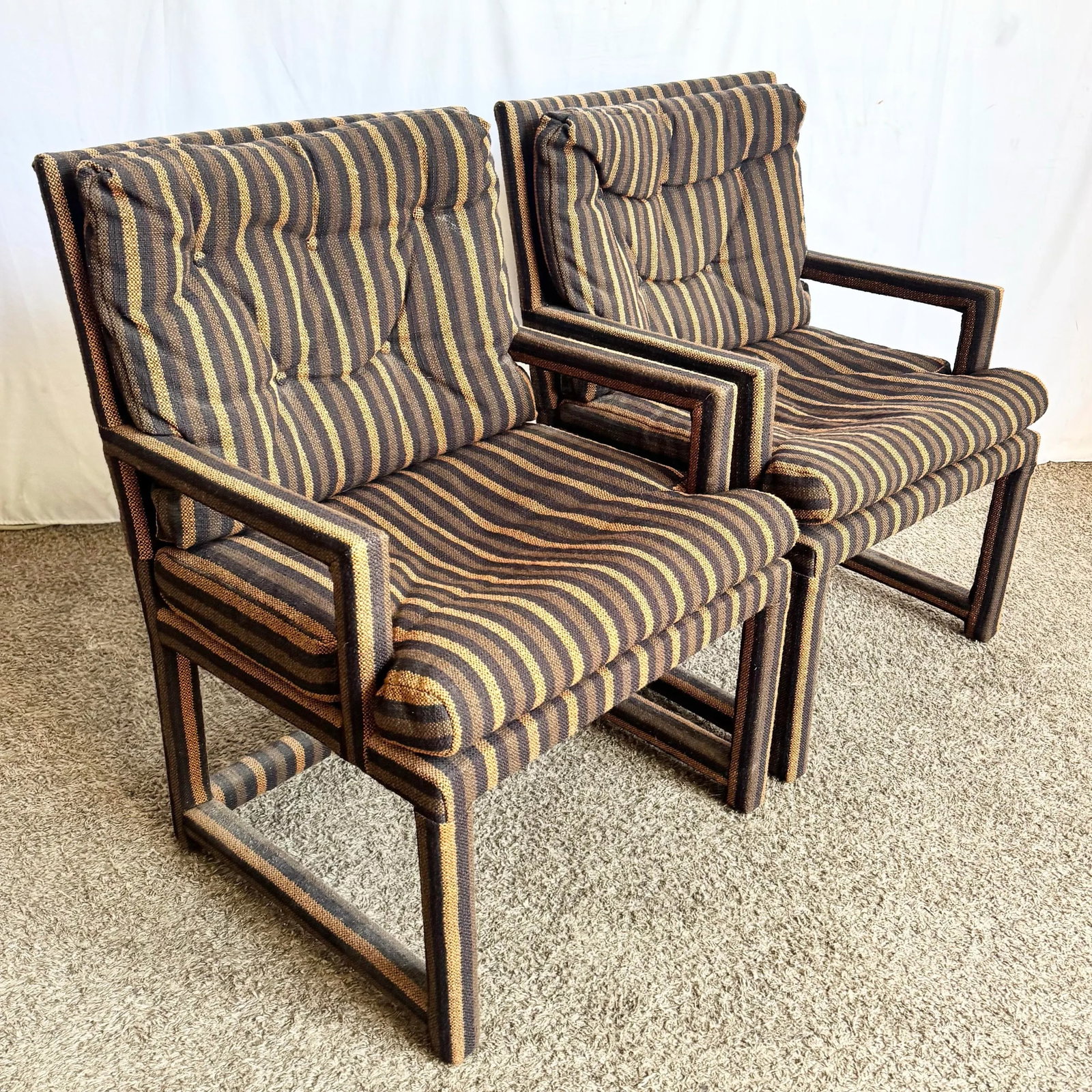 Postmodern Black and Brown Tufted Parsons Arm Chairs - A Pair - 4