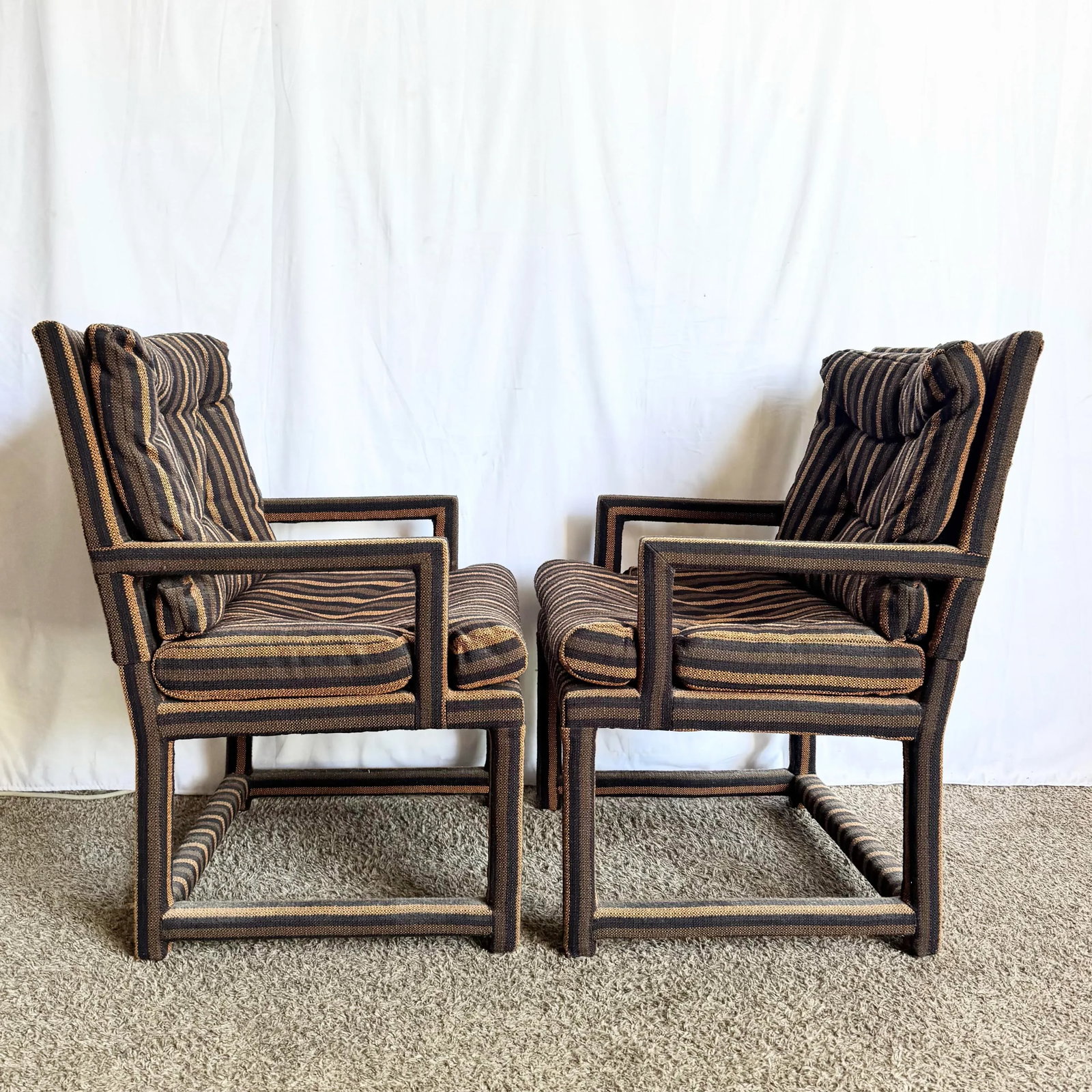 Postmodern Black and Brown Tufted Parsons Arm Chairs - A Pair - 6