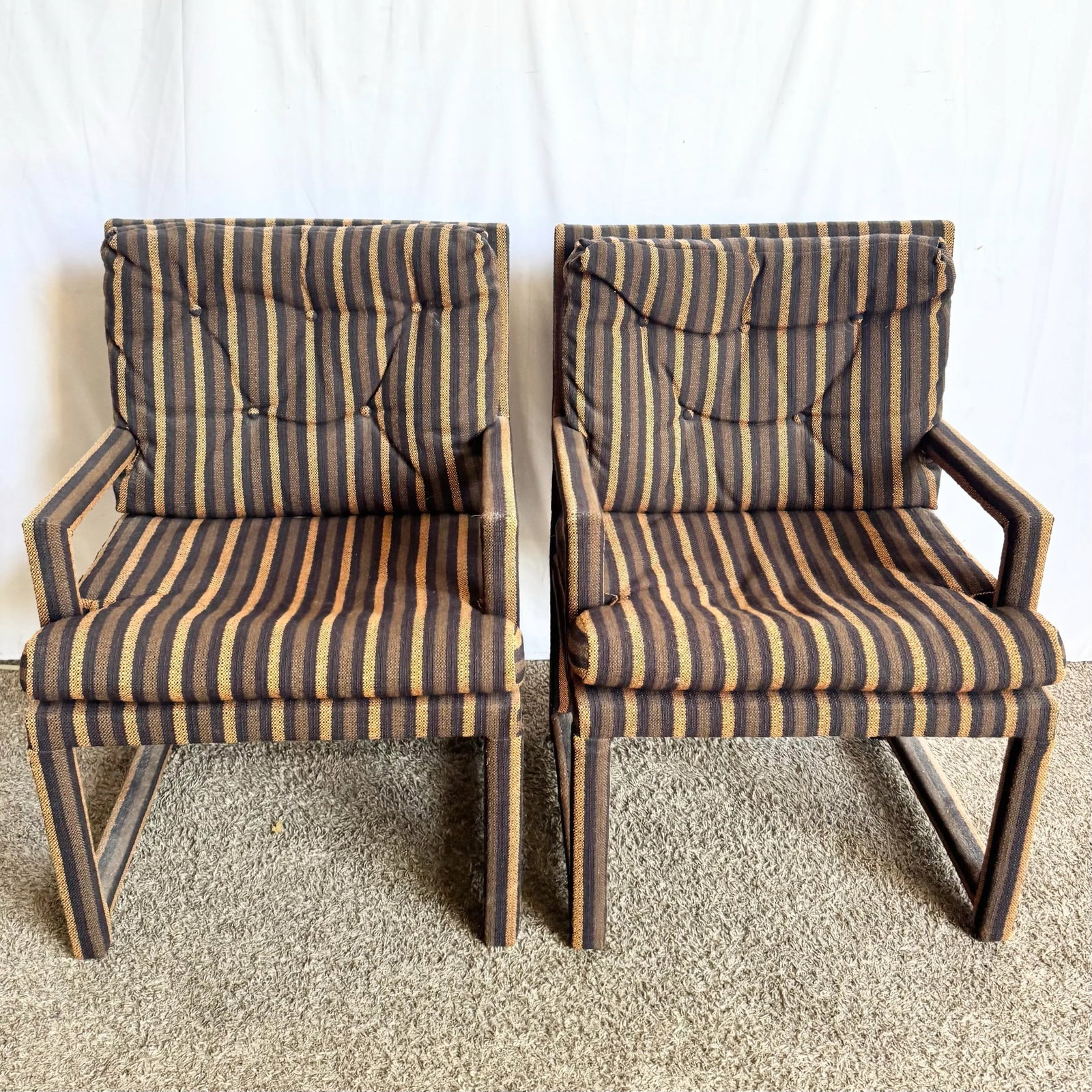 Postmodern Black and Brown Tufted Parsons Arm Chairs - A Pair - 7