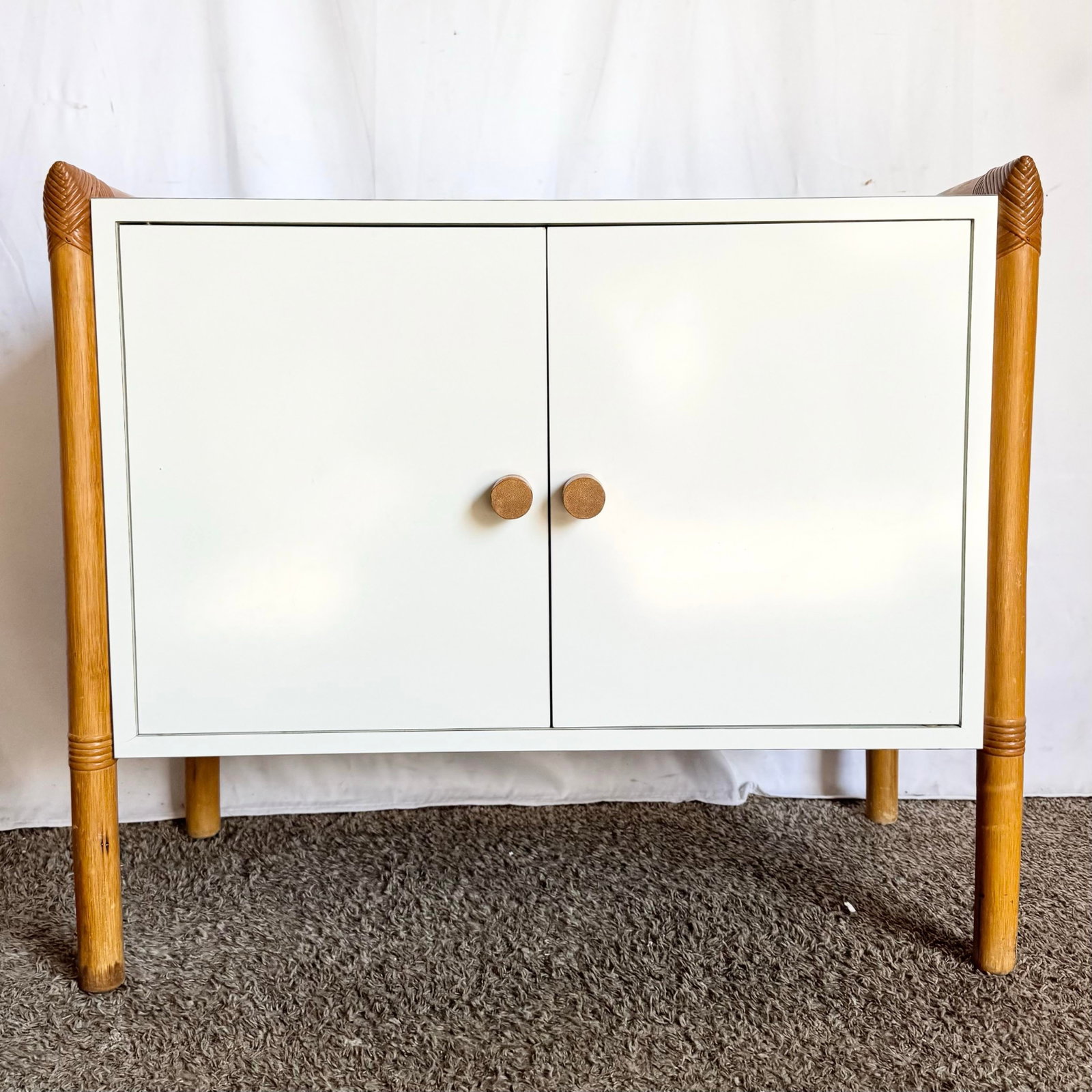 Vintage Boho Chic Rattan and White Laminate Credenza/Cabinet - 2