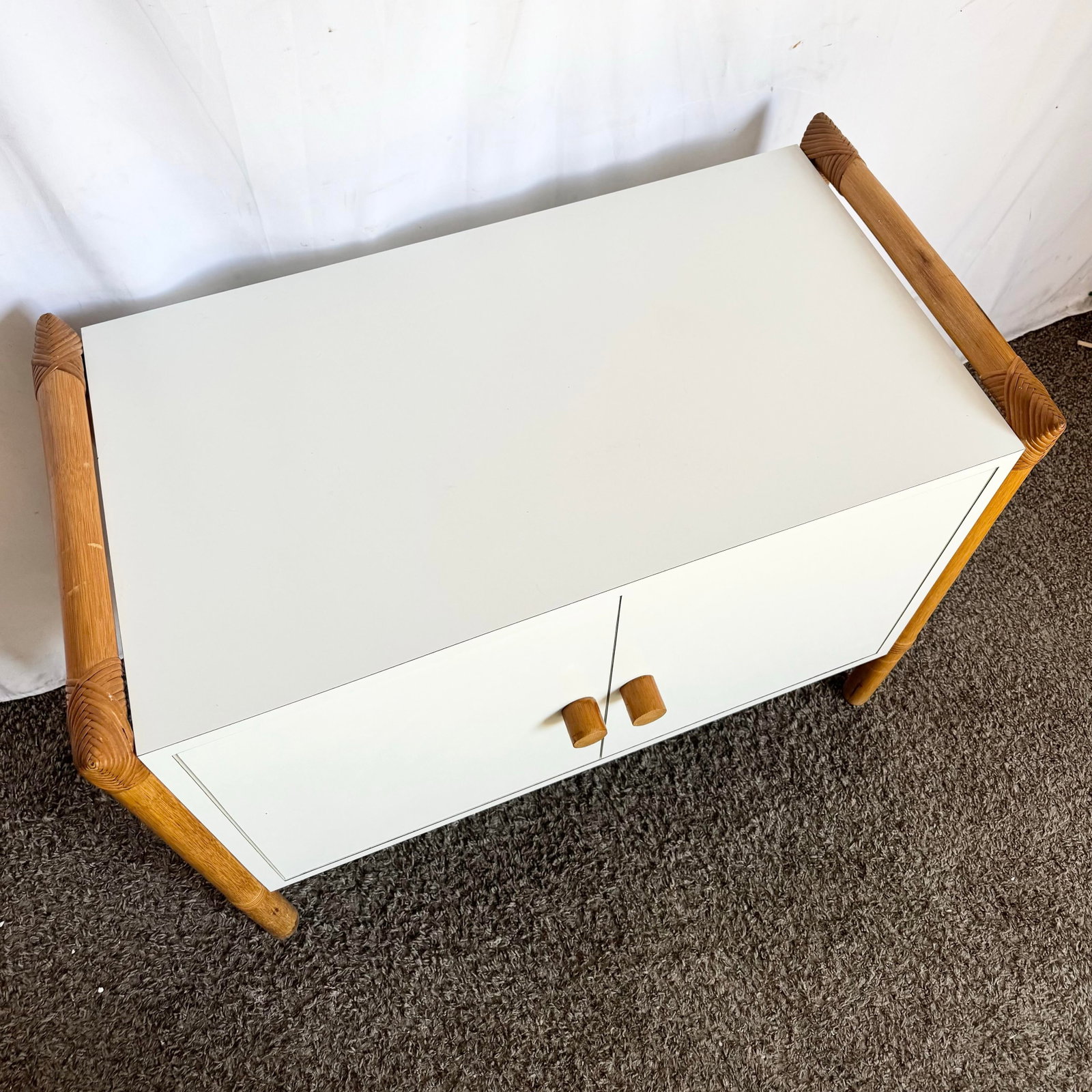 Vintage Boho Chic Rattan and White Laminate Credenza/Cabinet - 3