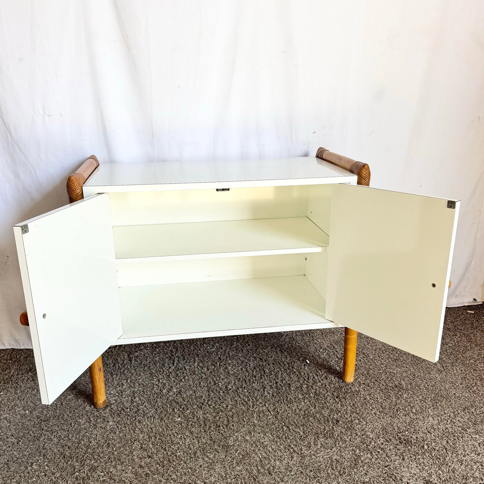 Vintage Boho Chic Rattan and White Laminate Credenza/Cabinet - 4
