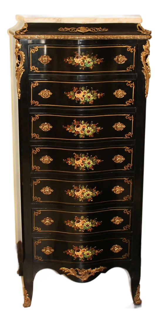 Black Regency Chest of Seven Drawers With Handpainted Floral Accents, Marble Top, and Brass Mounting: This high gloss, highly decorated tall & slender chest of drawers is in excellent condition. The peach-colored marble creates a suitable contrast with the glossy black. Handpainted floral details