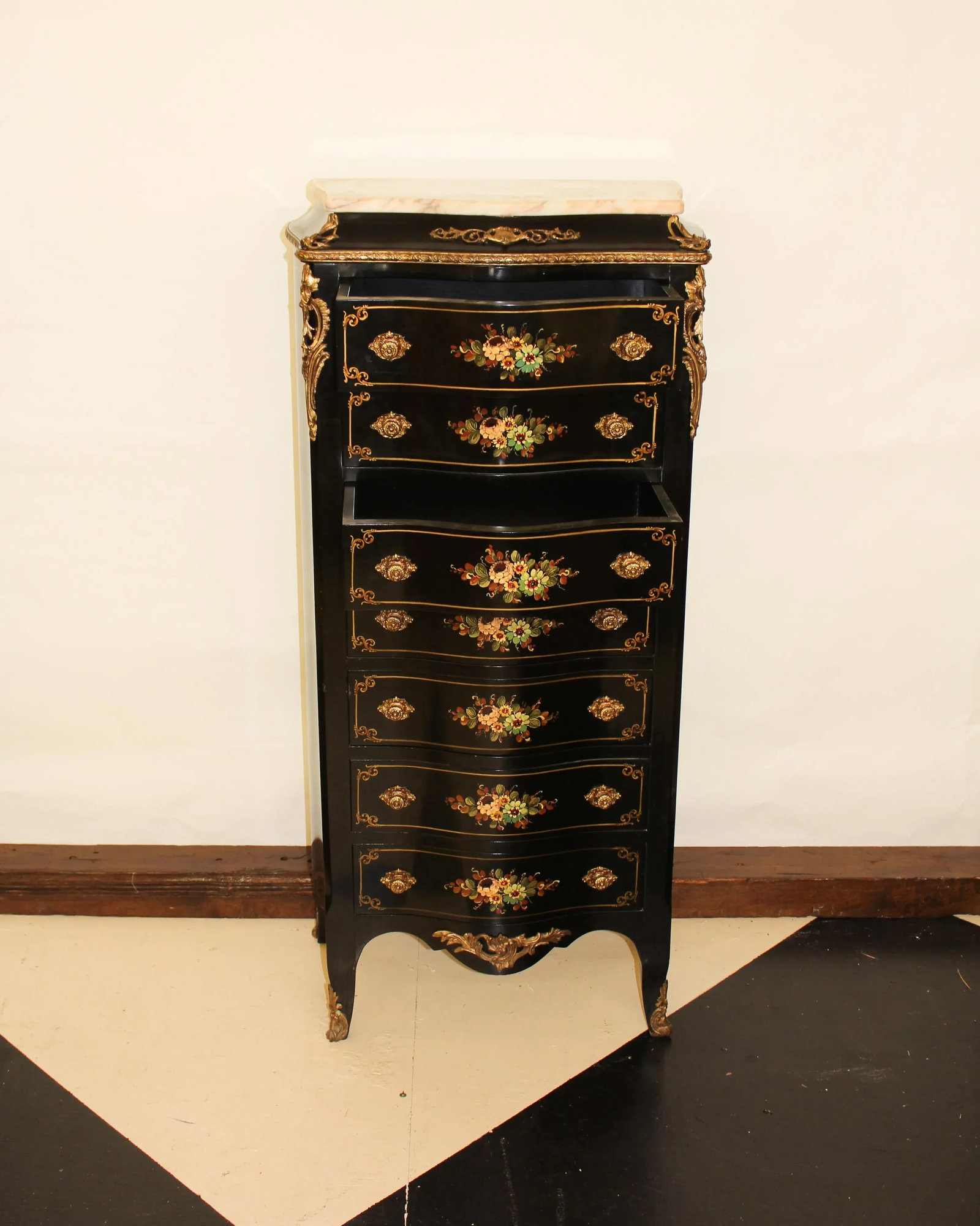 Black Regency Chest of Seven Drawers With Handpainted Floral Accents, Marble Top, and Brass Mounting - 2