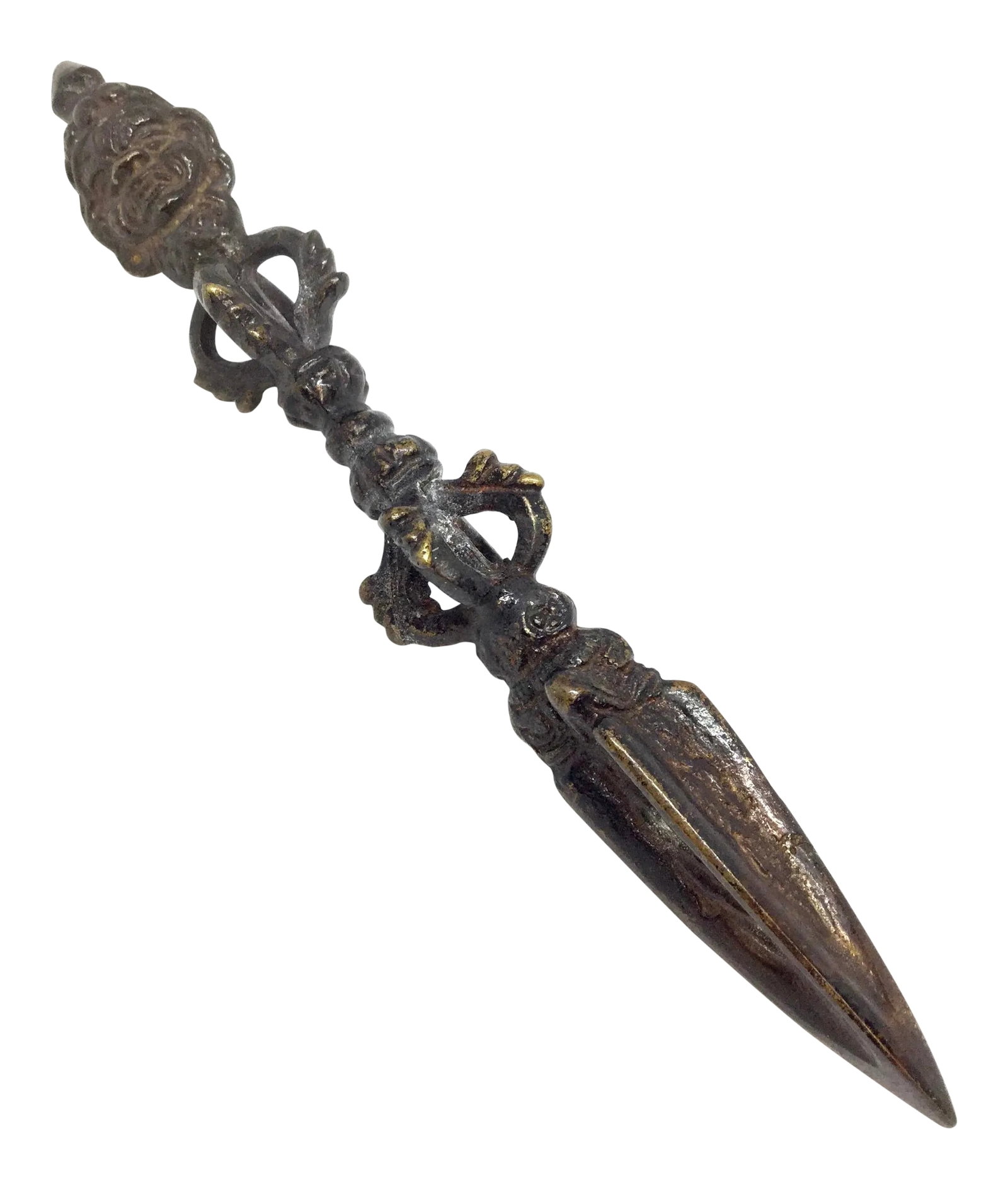 Antique Tibet Bronze Vajrakila Dagger/ Vajra Dorje: A rare piece indeed. This Bronze dagger is intricately carved as you can see from the photos. These are difficult to find in today's market as this type of workmanship is not being produced these