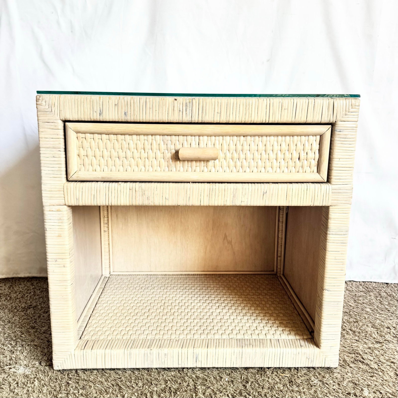 Boho Chic Wrapped Wicker Glass Top Nightstand - 2
