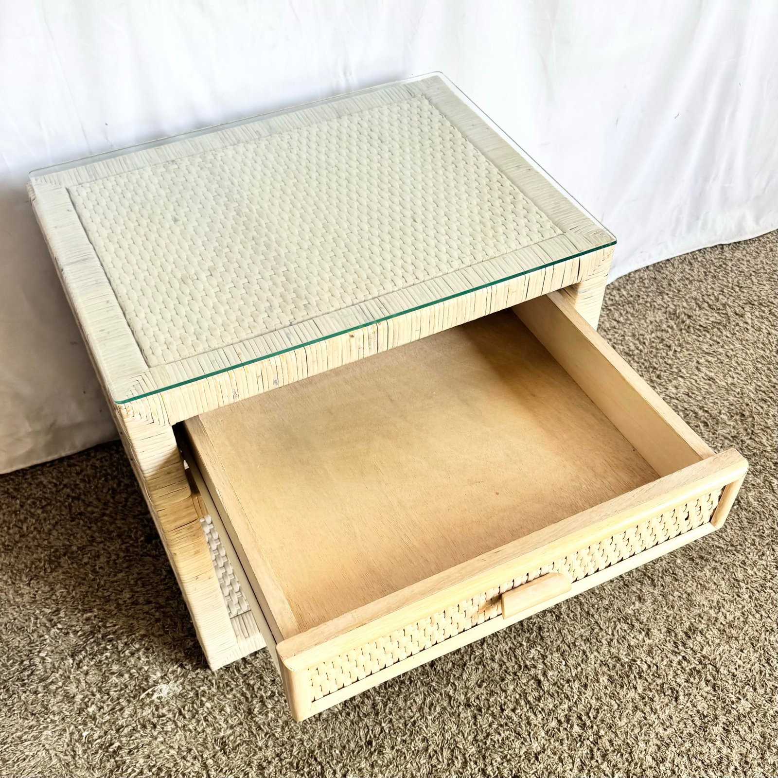 Boho Chic Wrapped Wicker Glass Top Nightstand - 3