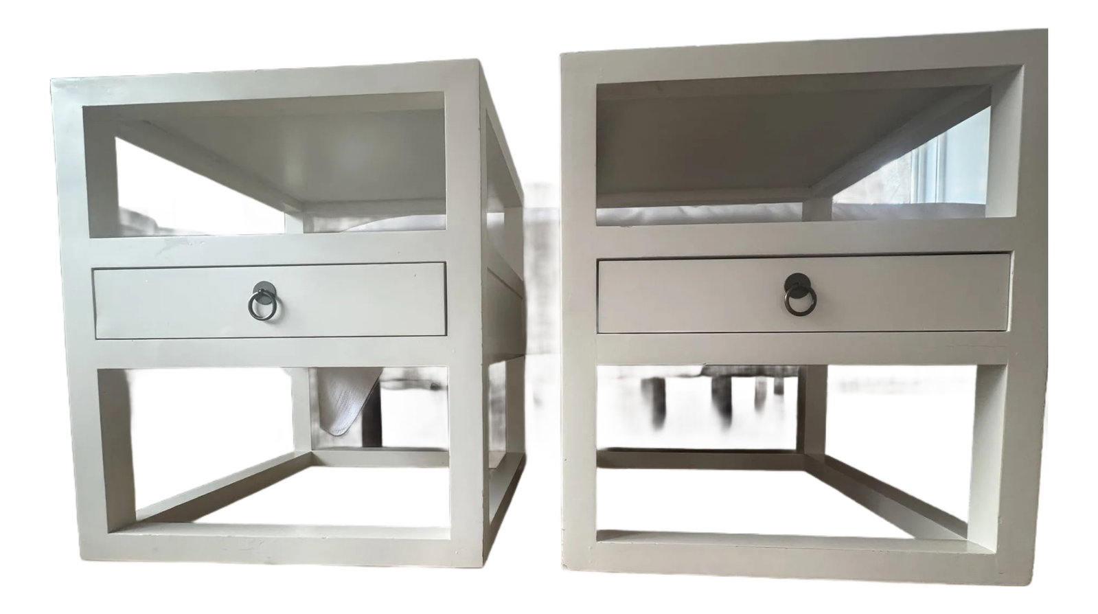 Pair of Nightstands: Pair of nightstands with shelf and drawer attributed to Bungalow 5. Textured, grasscloth-like top and shelf. Bronze hardware. Condition: Alterations: Original Condition Unaltered Imperfections: Some