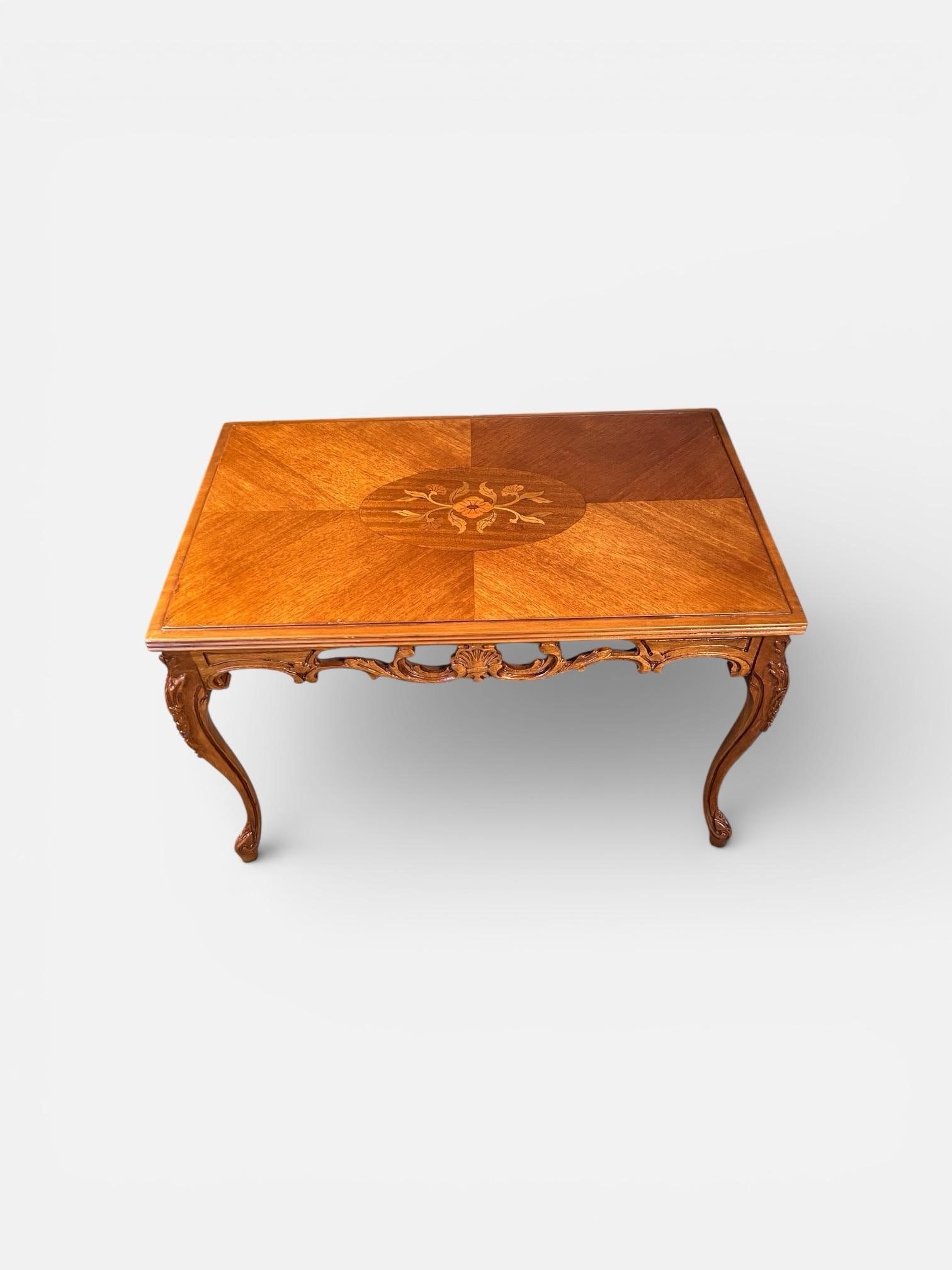 Vintage French Provincial Louis XV Style Walnut Marquetry Coffee Table With Floral Inlay - 9