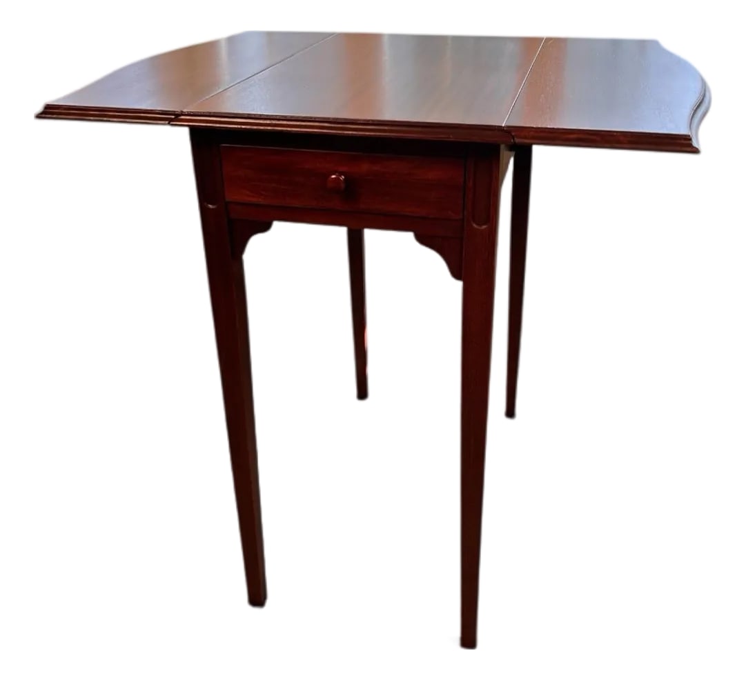 Antique Mahogany Drop Leaf Side Table With Single Drawer- Georgian Style: Late 19th century Mahogany side table. Georgian Style. Drop leaf with single center drawer, a turned wooden knob, and tapered square legs. Perfect as an entry or accent table, also a great nightstand