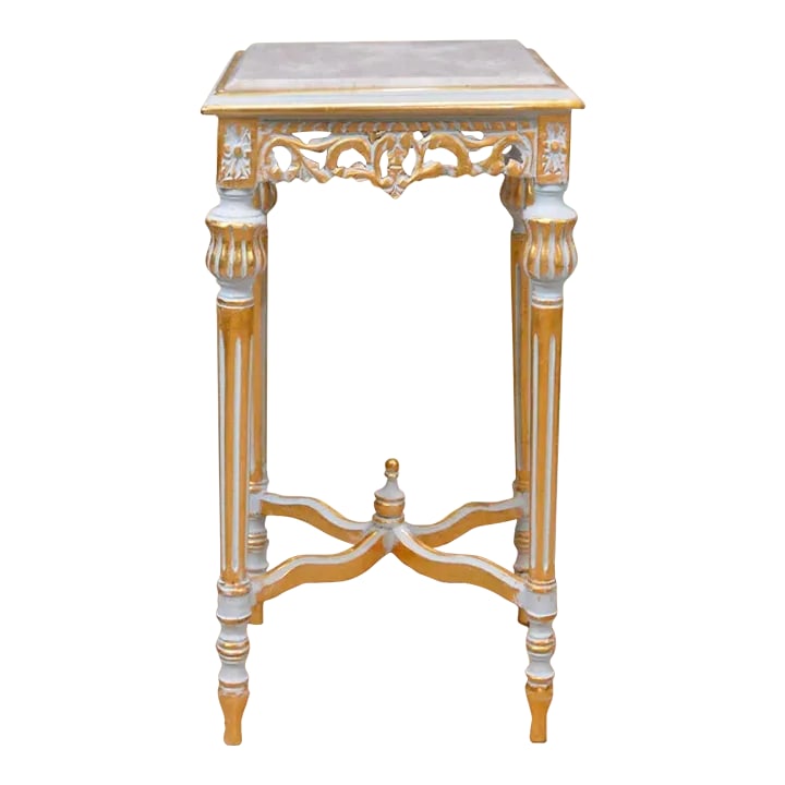 1960s Marble Top Tall Square End Table Side Table Trianon Patina: Beautiful tall square Louis XVI white Marble Top Table Gilded with real gold leaf and Trianon Patina hand crafted Real Beechwood Dimensions Height of 27" x diameter of 15" Condition: Alterations: Orig