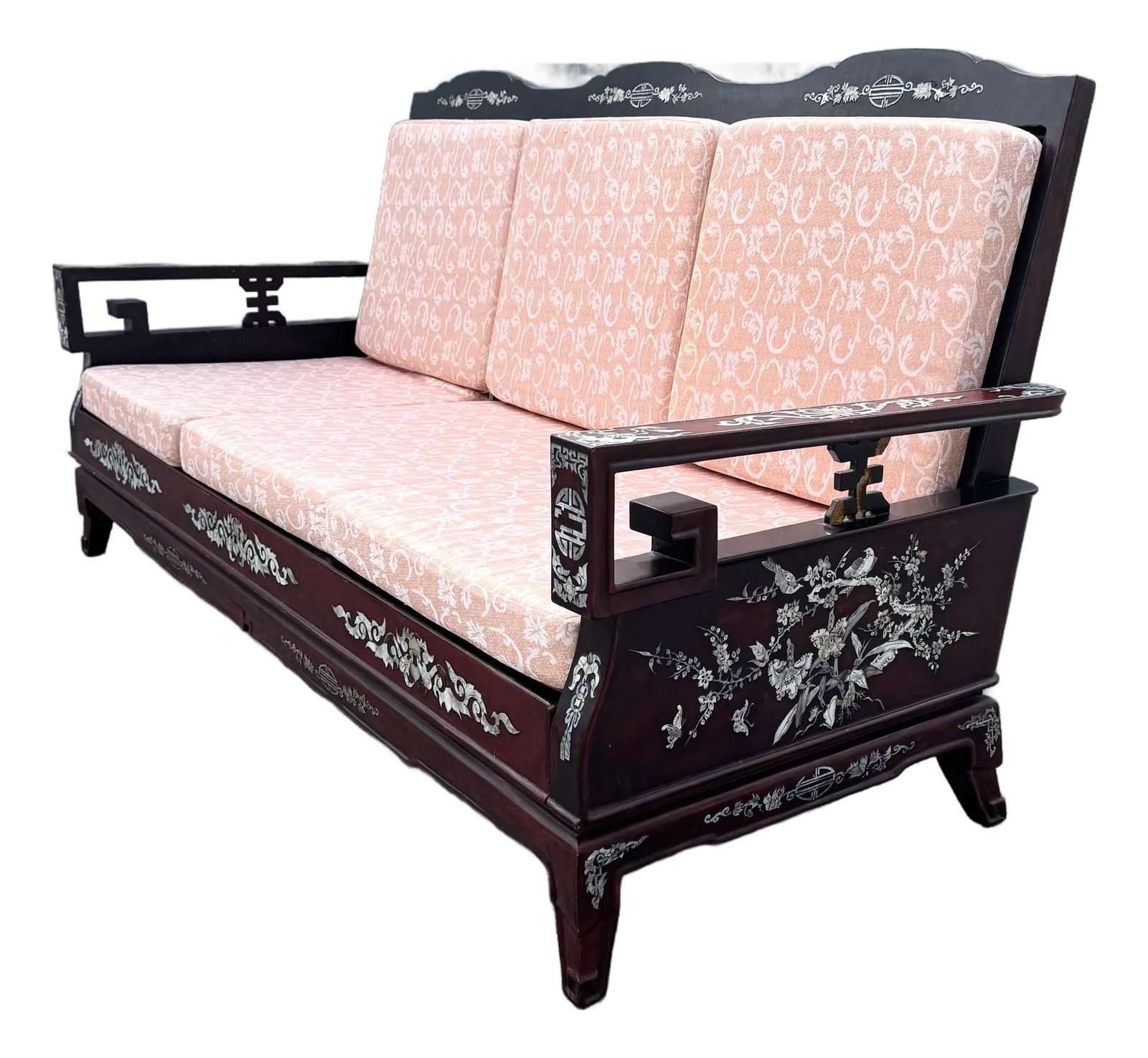 Vintage Chinese Rosewood With Mother of Pearl Inlay Sofa: A striking blend of traditional Chinese artistry and refined craftsmanship, this vintage rosewood sofa is richly adorned with intricate mother-of-pearl inlay throughout. The deep, lustrous wood frame