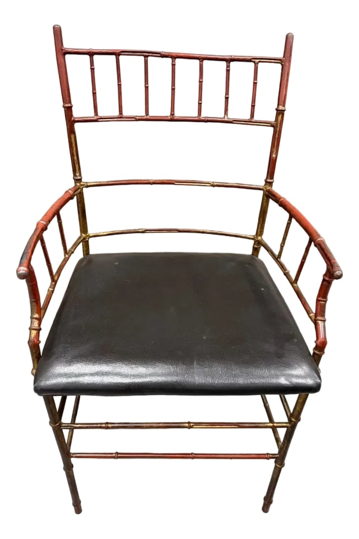 Vintage Chinese Chippendale Cast Iron Faux Bamboo Chair: Vintage Chinese Chippendale Gilted Cast Iron Faux Bamboo Chair, Italian 1950s. With black leather seat, beautiful patina. Very good original condition. Height: 37." Width: 22.5" Depth: 18" Seat