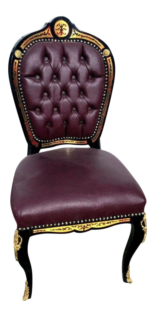 Andre Charles Boulle Style Accent Side Chair: Elegant New Andre Charles Boulle Style Chair in Real Wood, Real Brass Inlays and faux leather. One left in stock Dimensions: Height 43", Width 21" , Depth 17" from floor to seat 20" Condition: