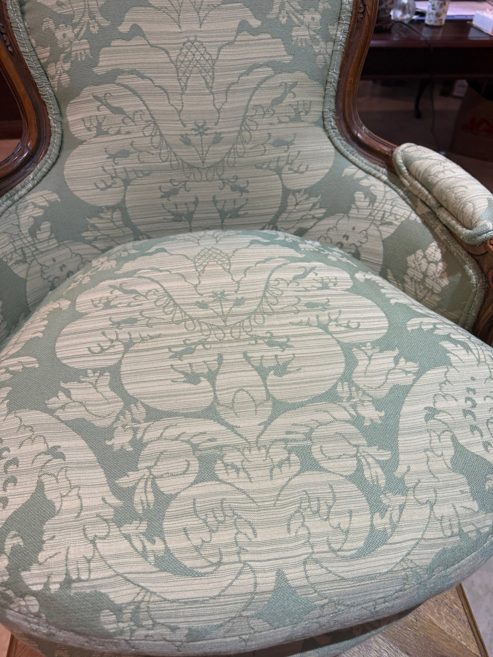 Late 19th Century French Walnut Bergere in Green Cotton Damask - 12