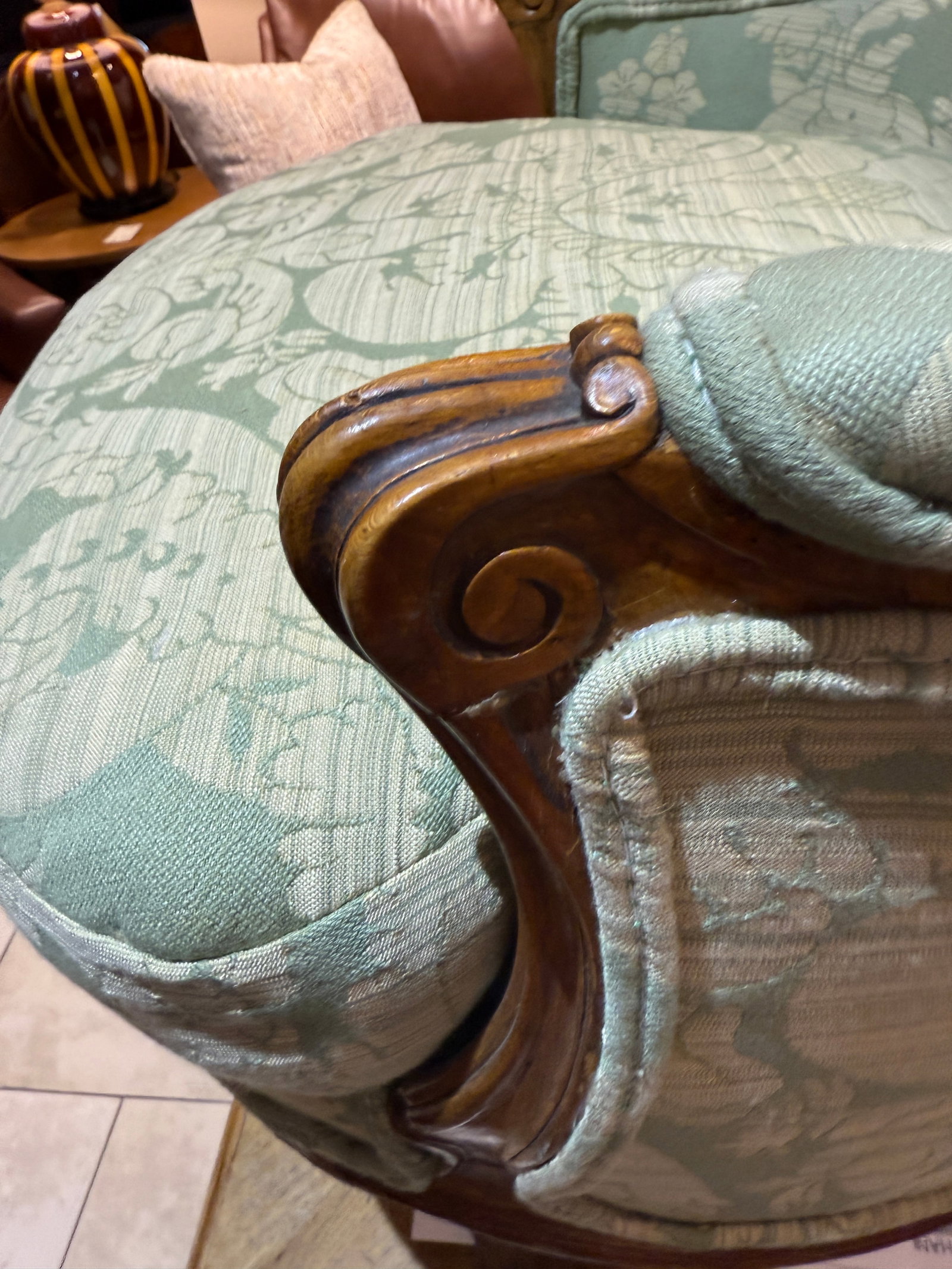 Late 19th Century French Walnut Bergere in Green Cotton Damask - 13