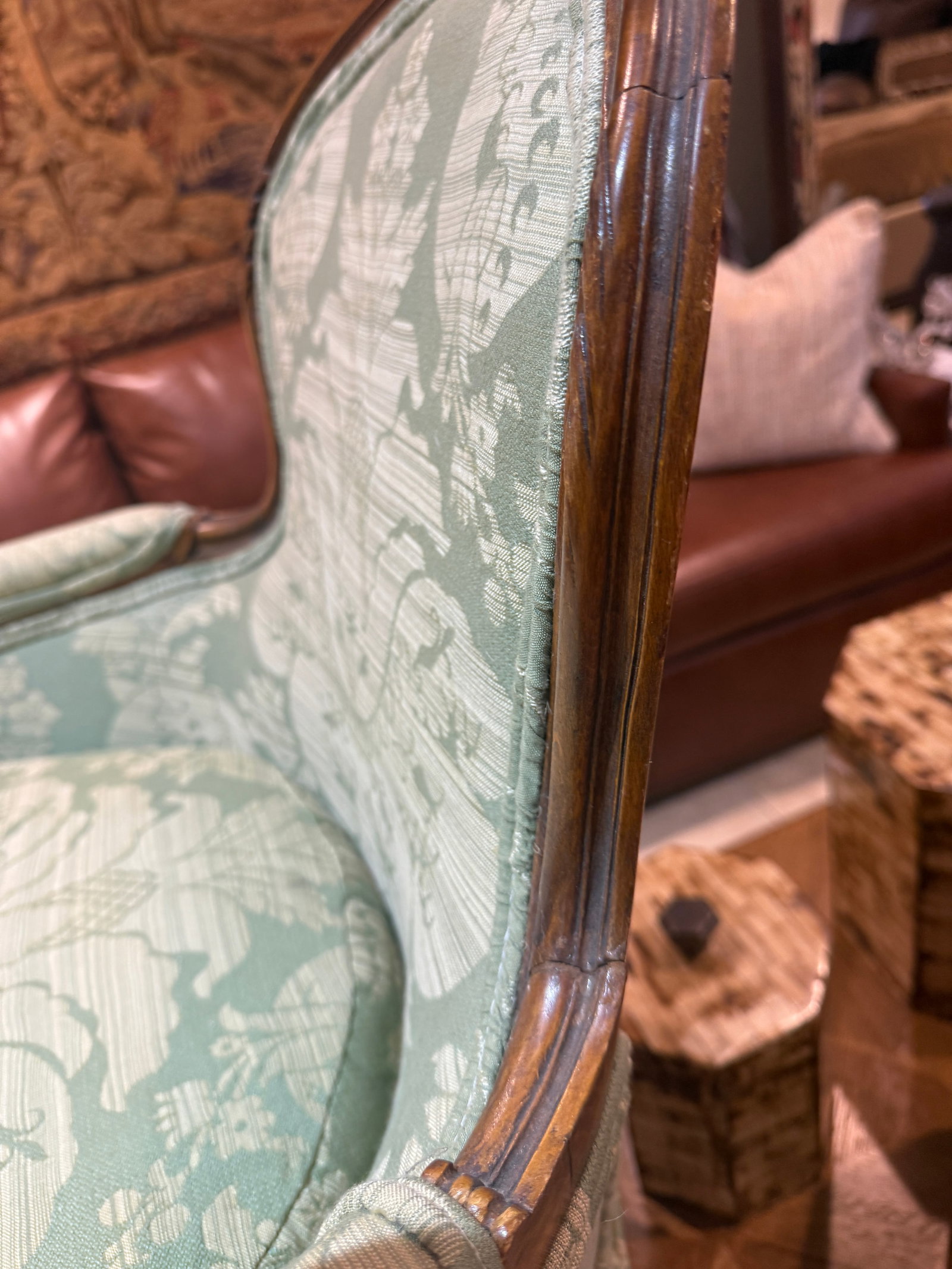 Late 19th Century French Walnut Bergere in Green Cotton Damask - 14