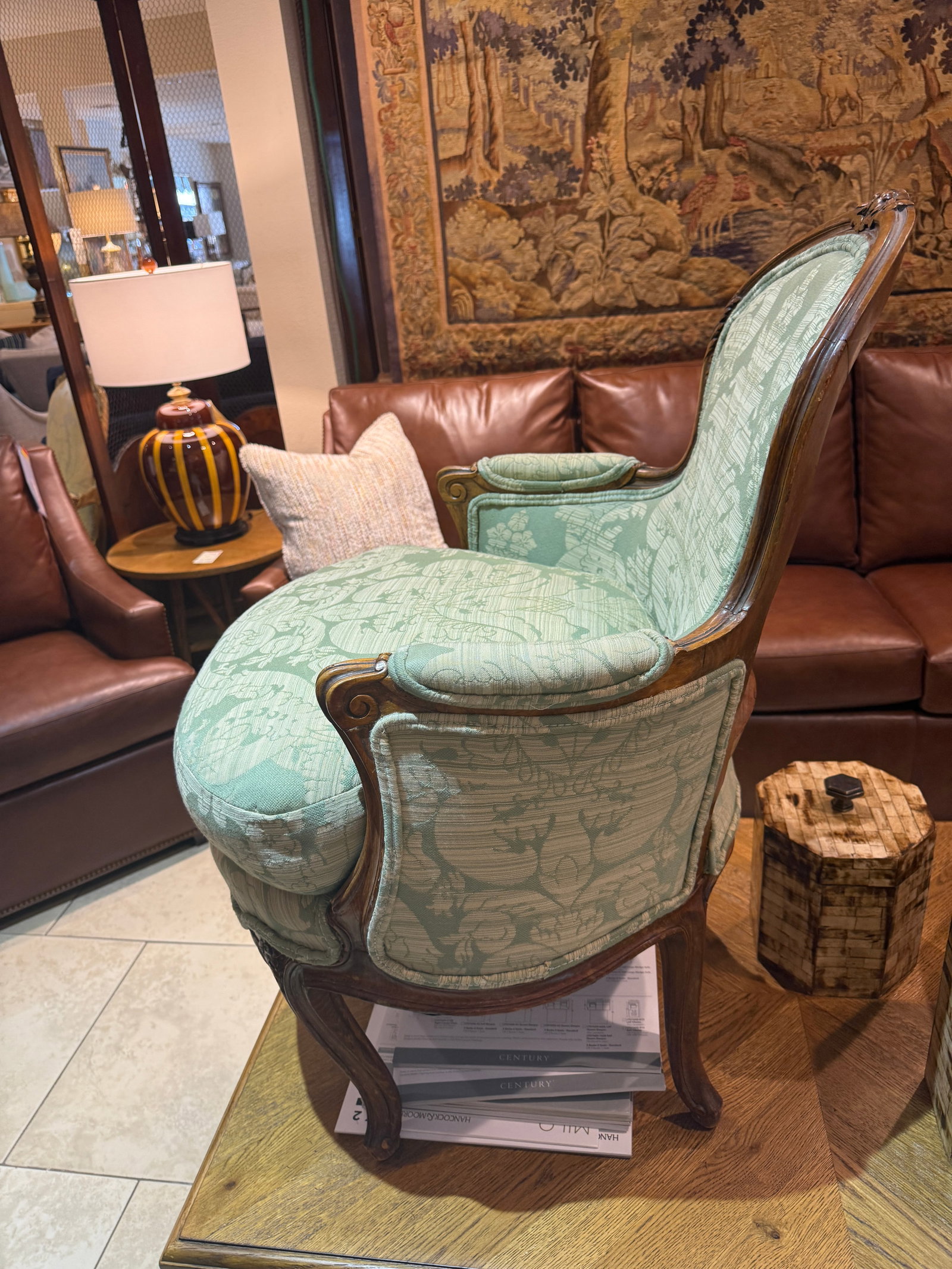 Late 19th Century French Walnut Bergere in Green Cotton Damask - 15