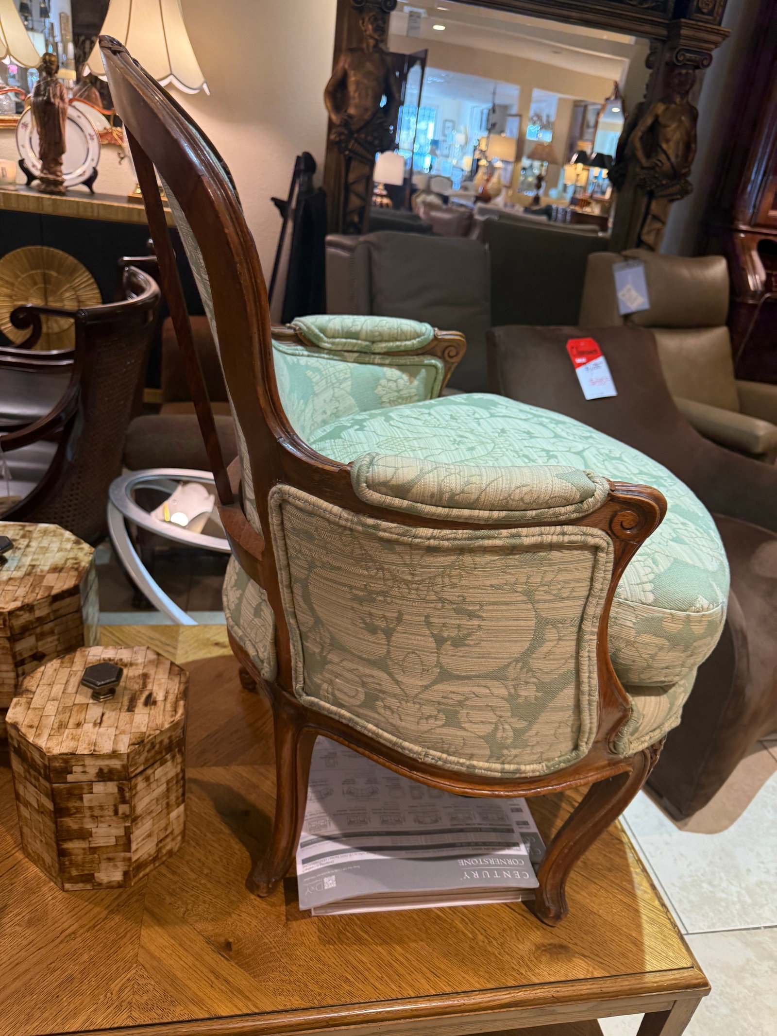 Late 19th Century French Walnut Bergere in Green Cotton Damask - 16