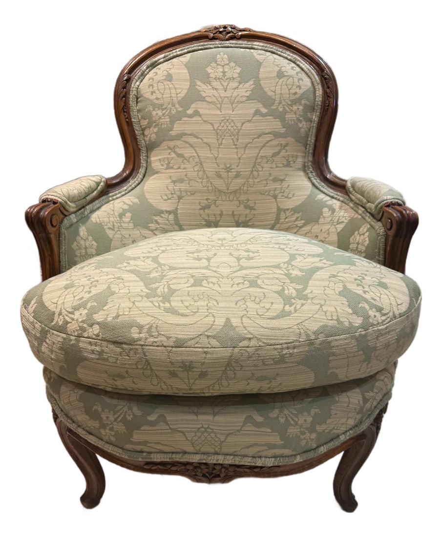 Late 19th Century French Walnut Bergere in Green Cotton Damask (1 of 16)