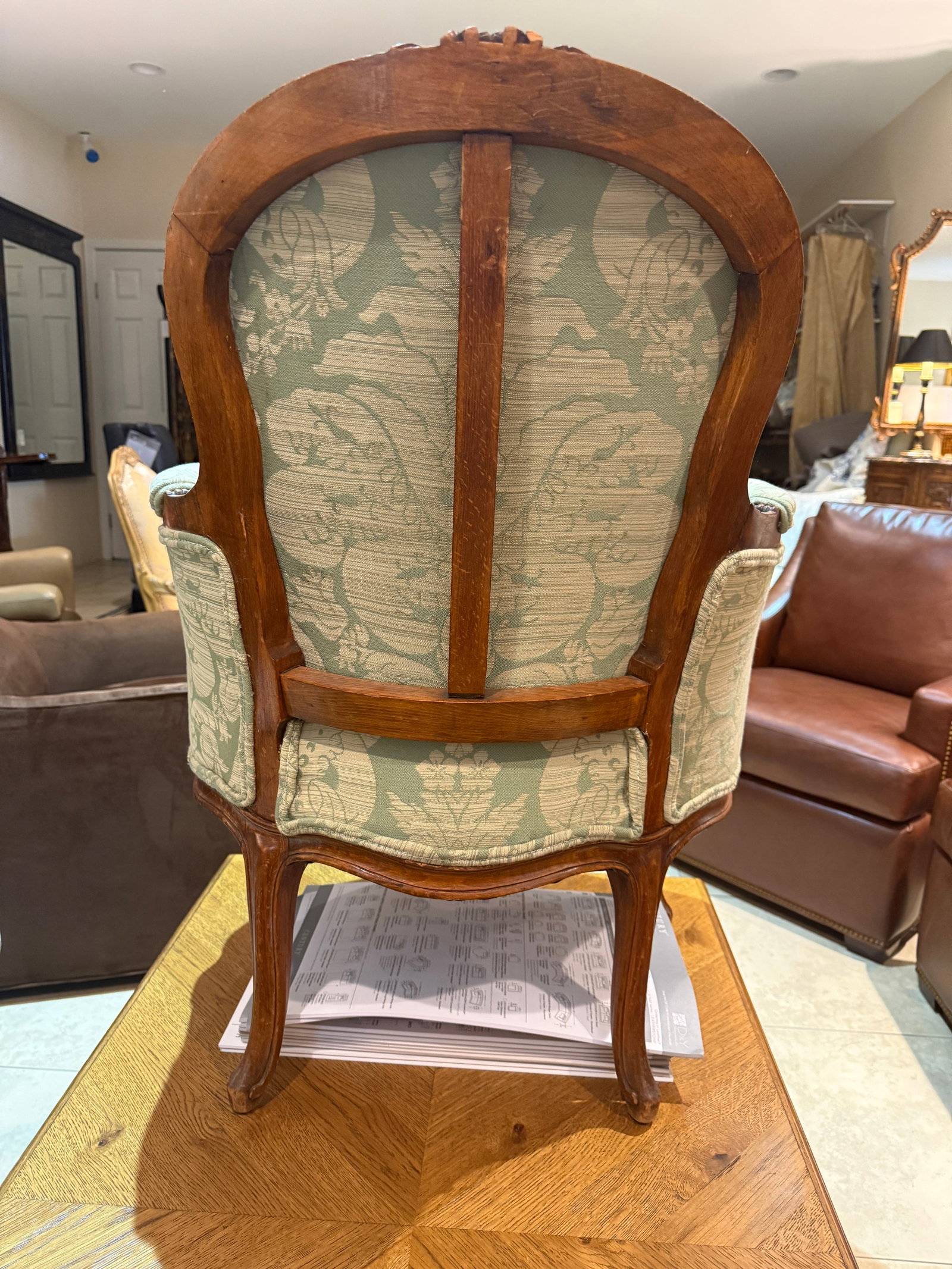 Late 19th Century French Walnut Bergere in Green Cotton Damask - 2