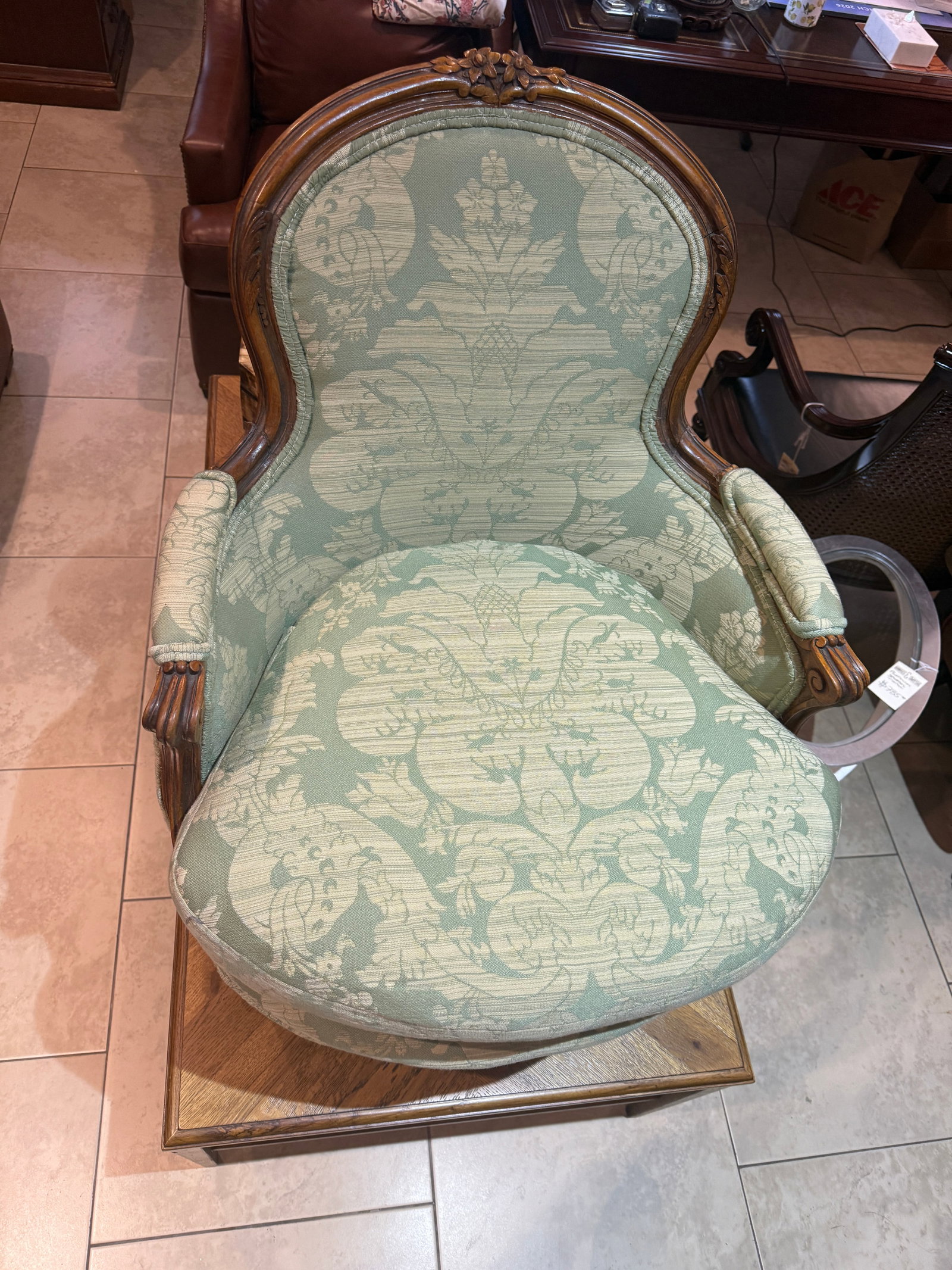 Late 19th Century French Walnut Bergere in Green Cotton Damask - 4
