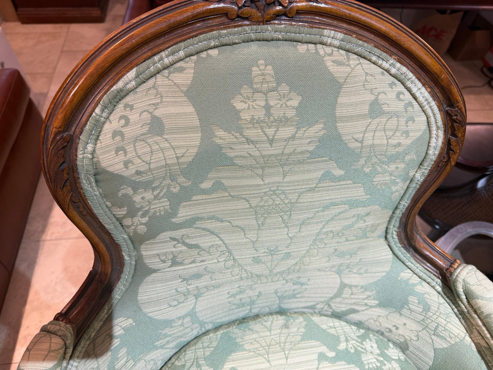 Late 19th Century French Walnut Bergere in Green Cotton Damask - 5