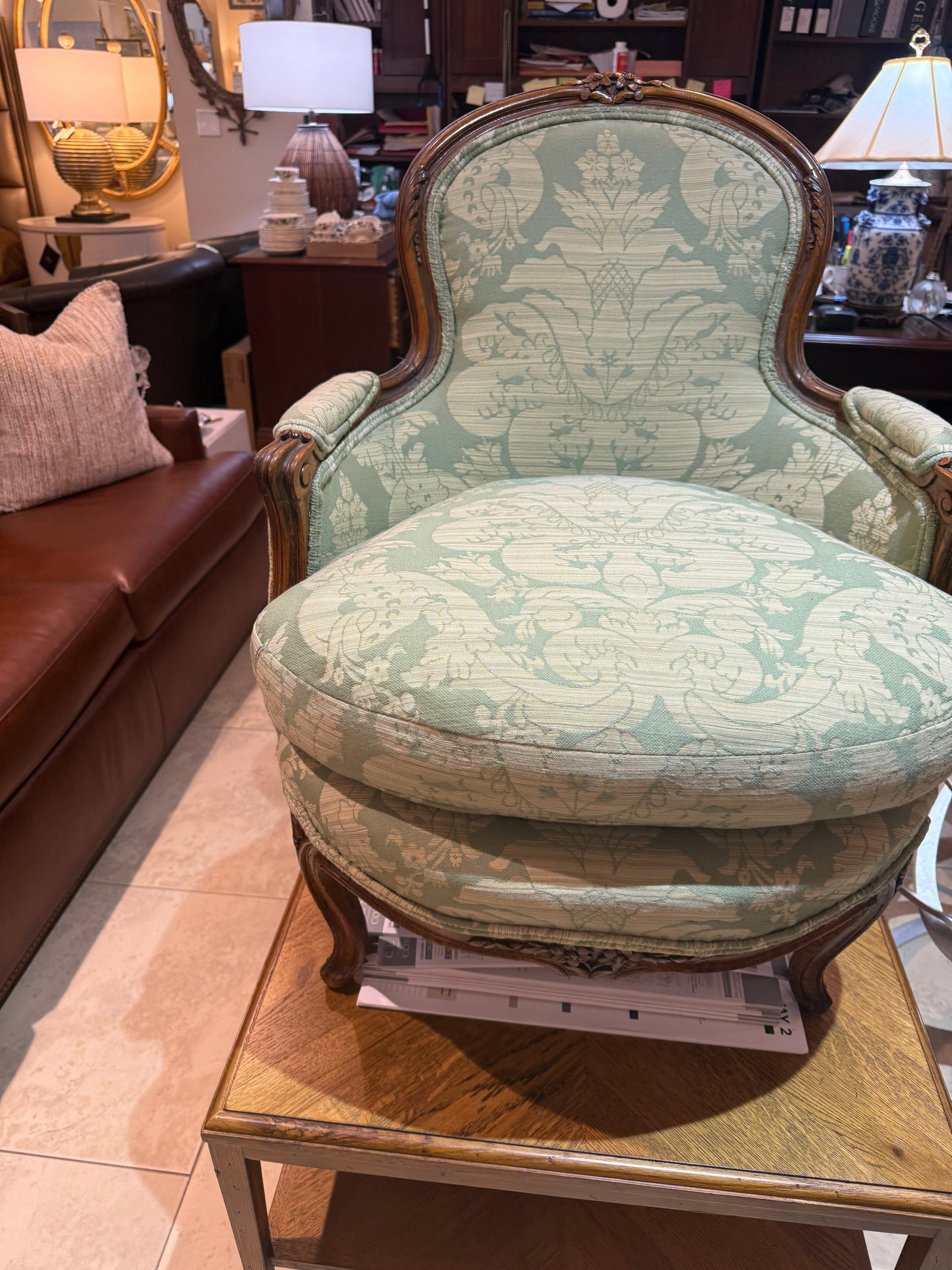 Late 19th Century French Walnut Bergere in Green Cotton Damask - 7