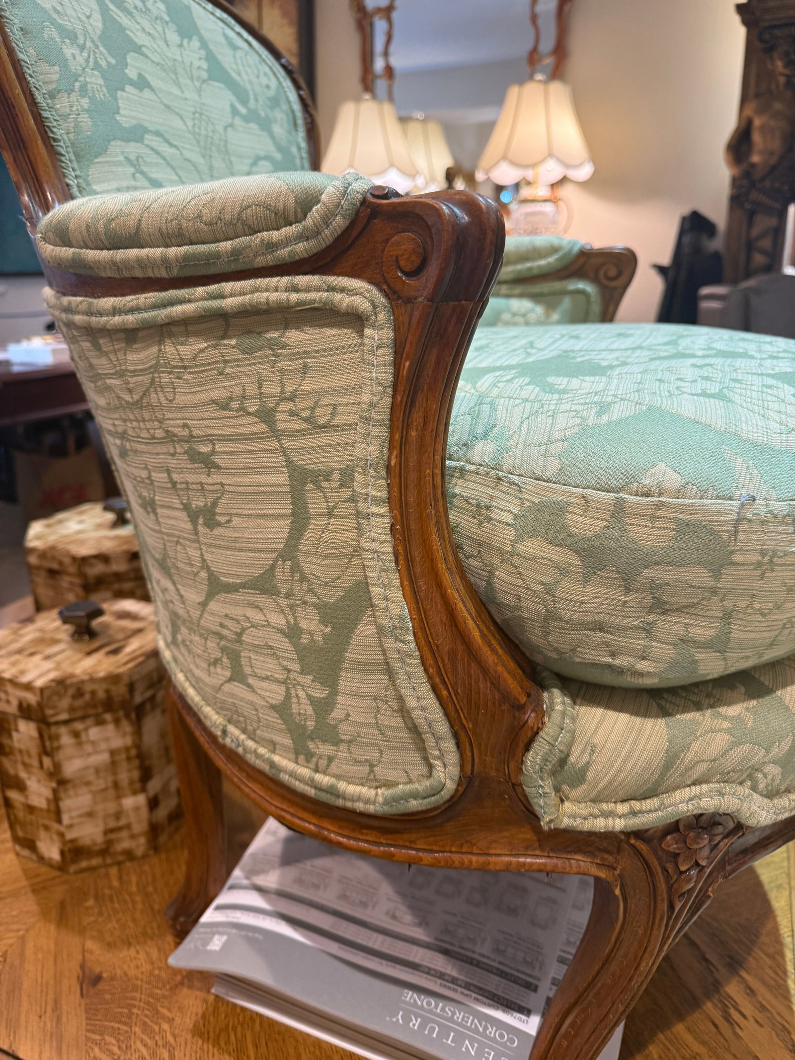 Late 19th Century French Walnut Bergere in Green Cotton Damask - 9
