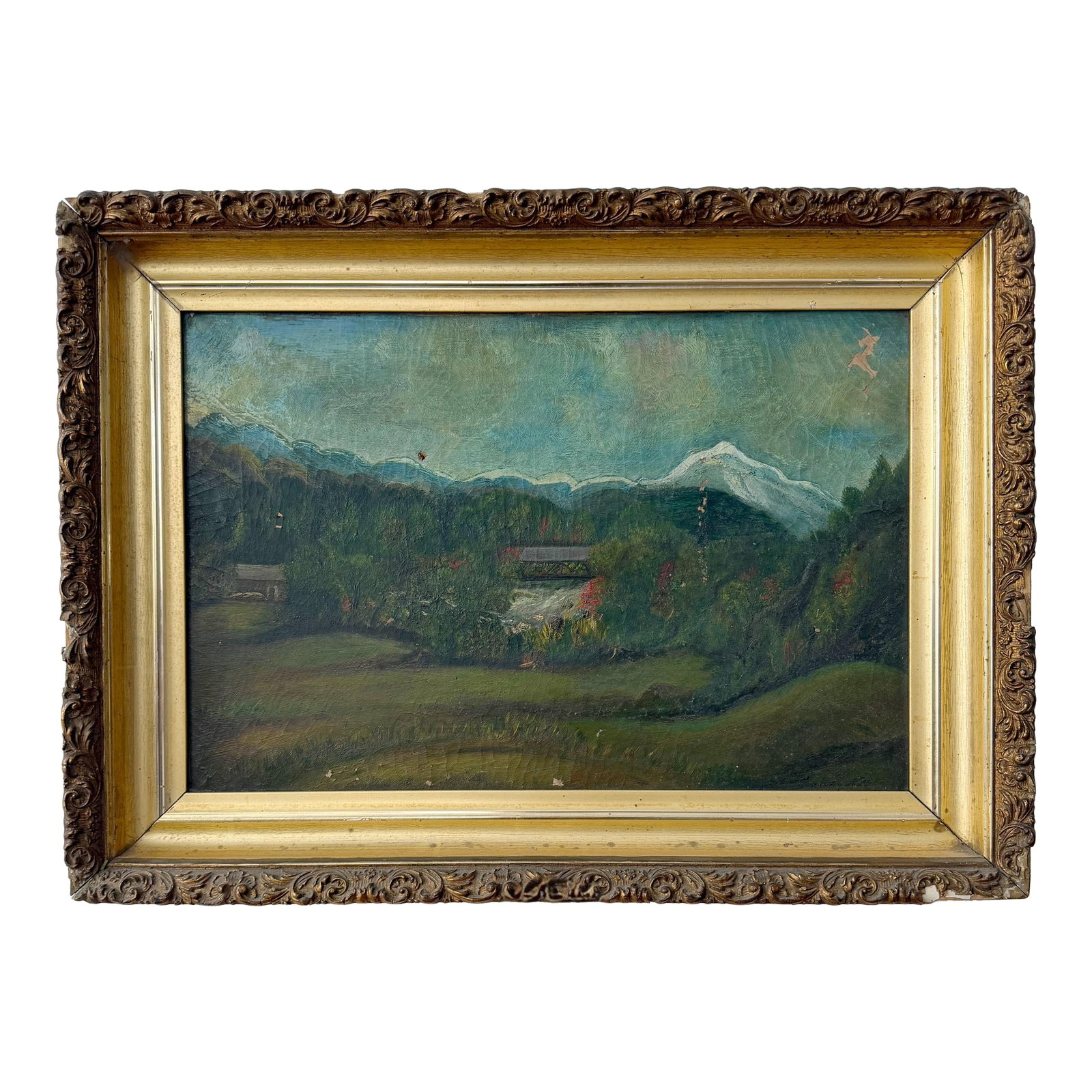 Antique Landscape Oil on Canvas | Signed Conway, Nh: This evocative early 1800s oil on canvas, signed Conway, New Hampshire, reflects the quiet strength and restraint characteristic of early American painting. Executed with a subdued palette and