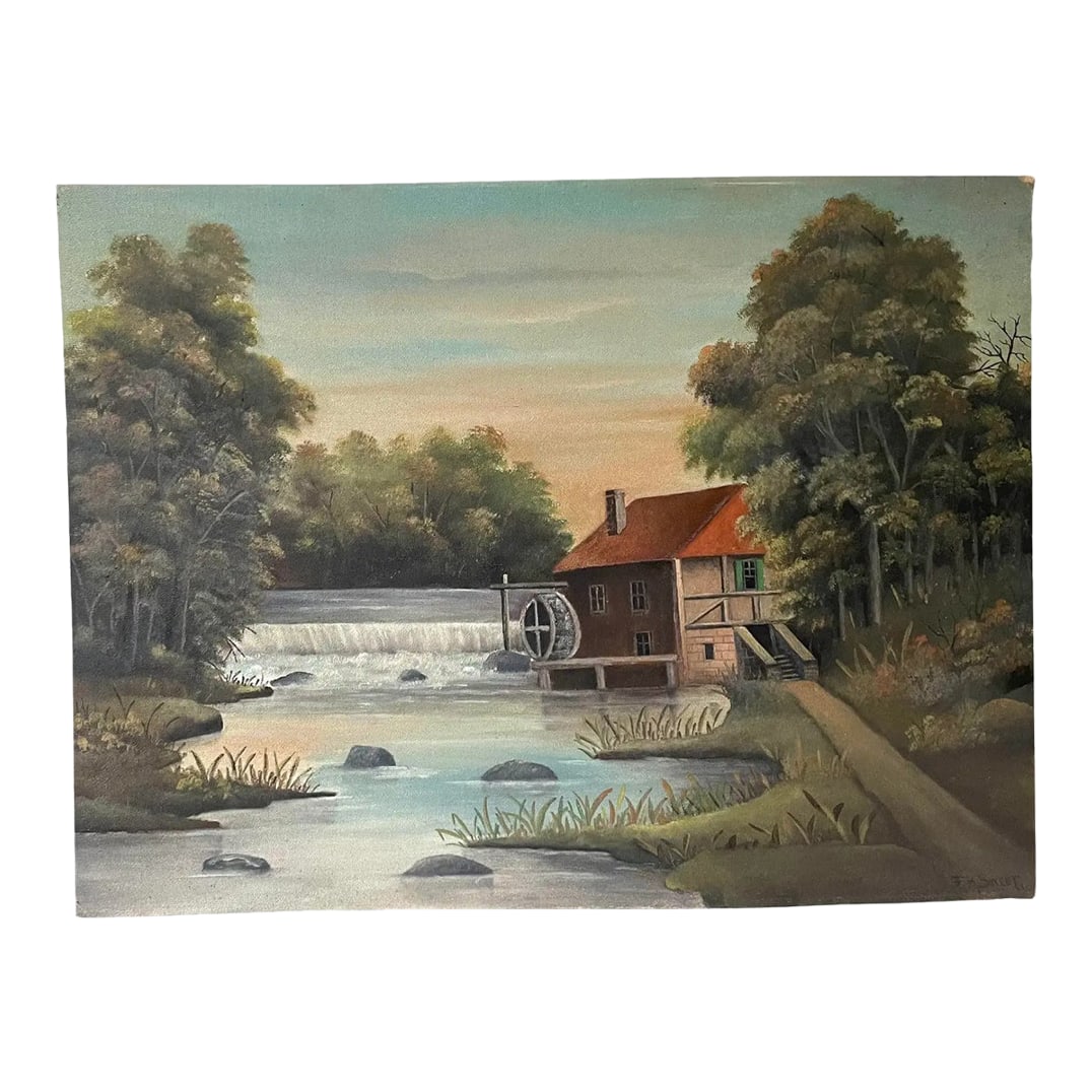 Late 19th Century Oil Painting on Board by Frank H. Sweet (New York) - Signed: Frank H. Sweet was a New York based folk painter, born in Middleville, NY, about 10 miles north of Mohawk. This charming 19th-century oil painting on board is of an old mill along a river. Frank H.