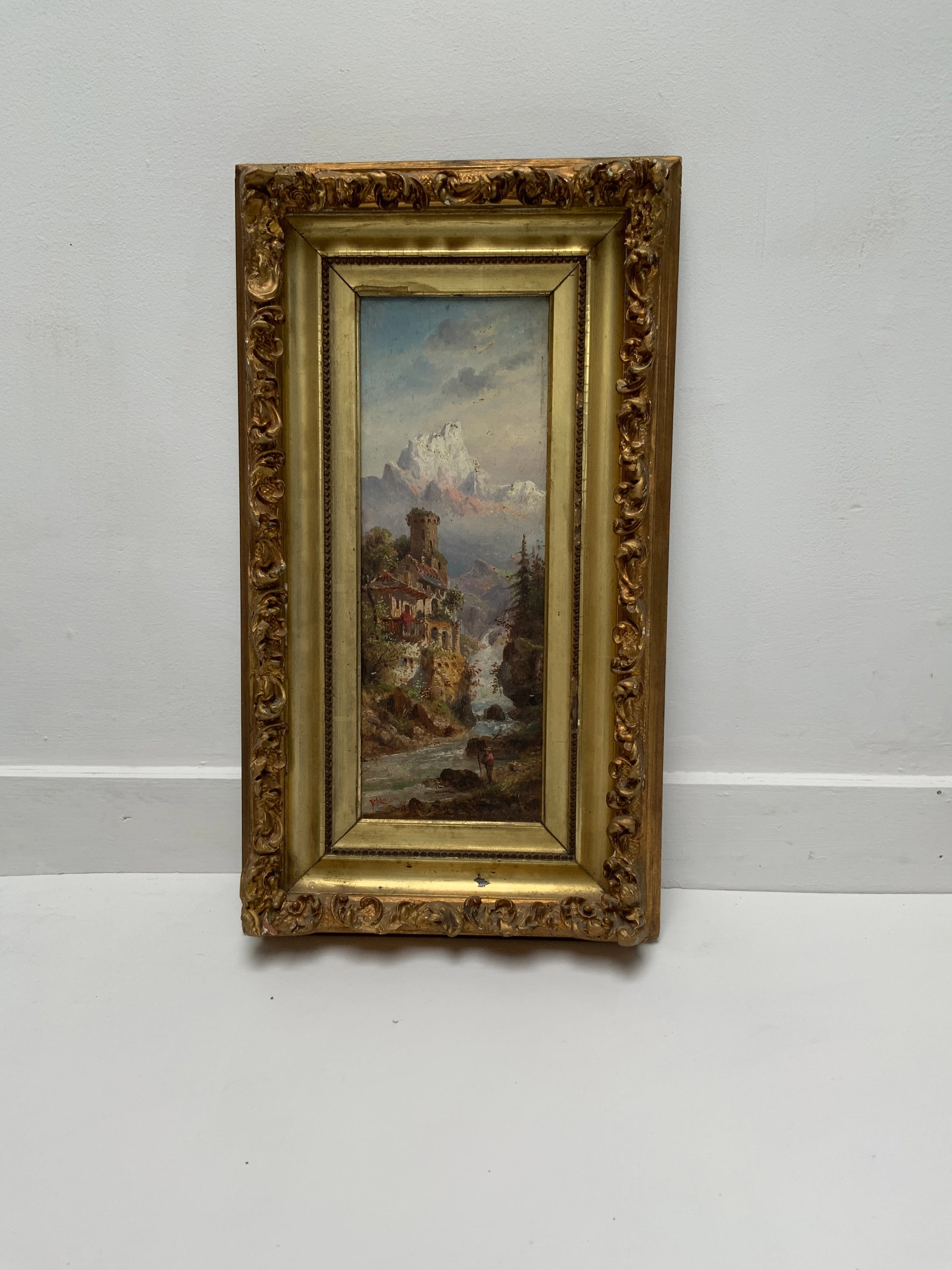 1920s Swiss Mountain and City Scape Paintings ,Oil on Panel Signed v R . Carved Gilt Frames - a Pair - 2