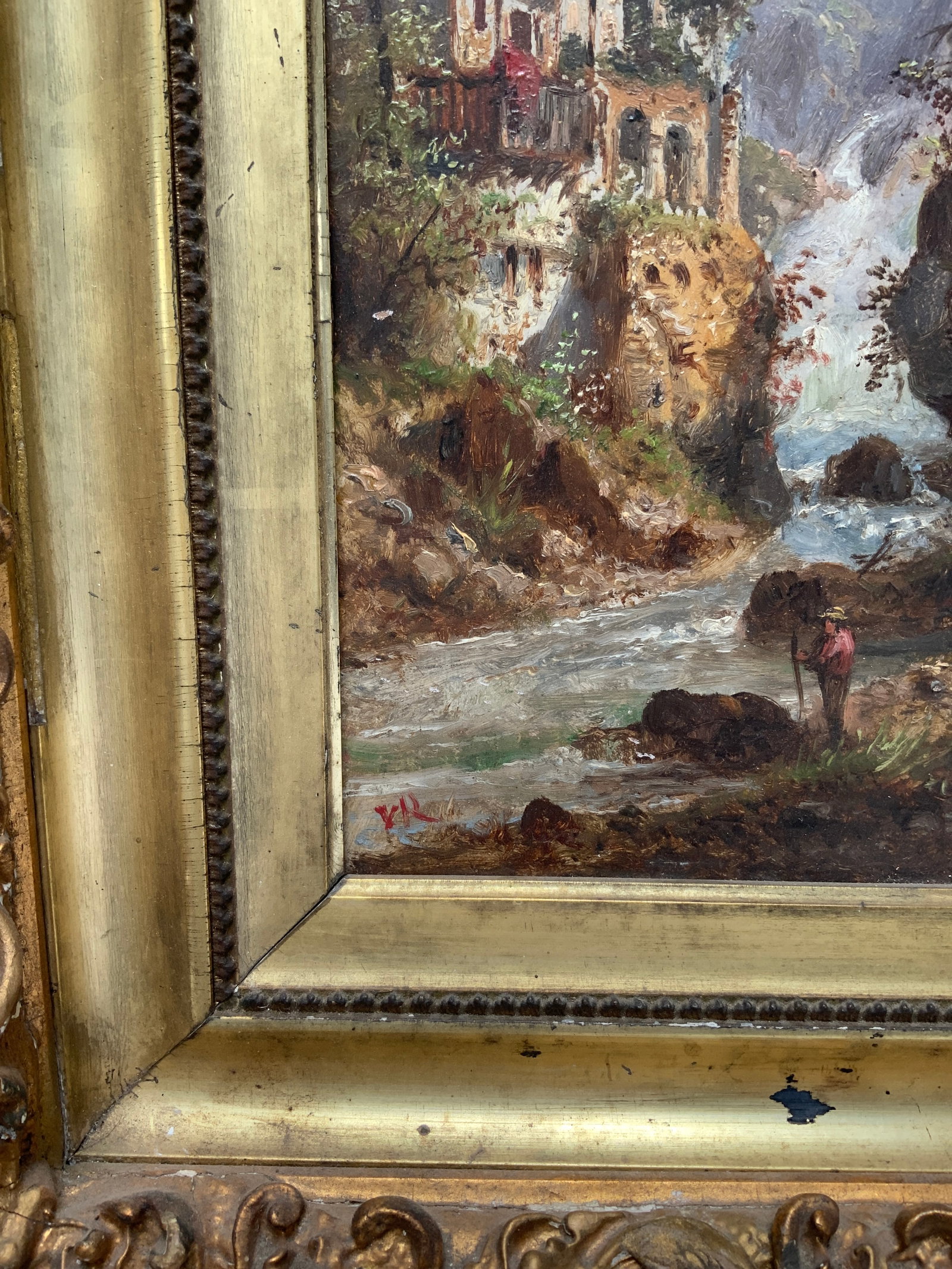 1920s Swiss Mountain and City Scape Paintings ,Oil on Panel Signed v R . Carved Gilt Frames - a Pair - 4