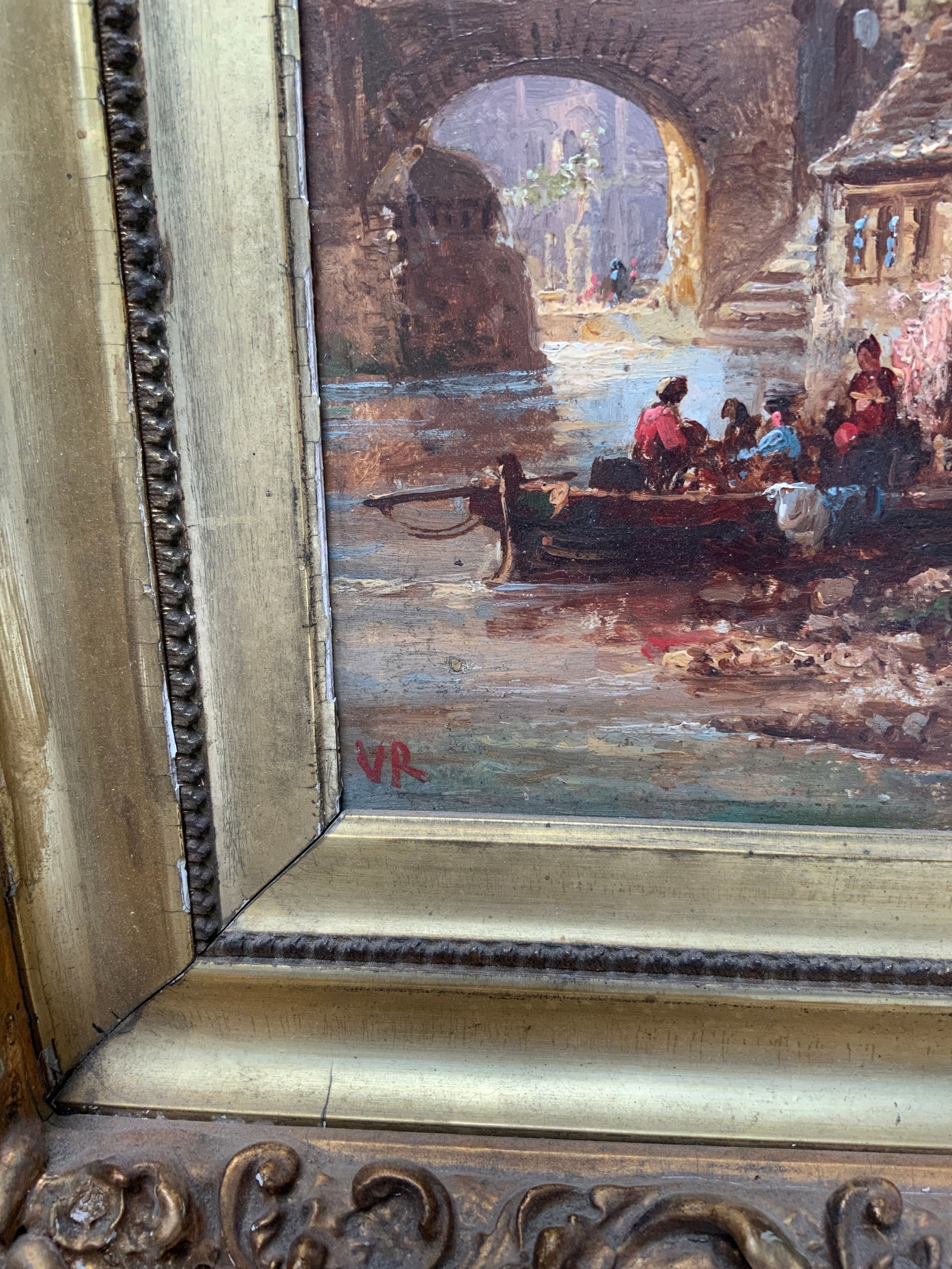 1920s Swiss Mountain and City Scape Paintings ,Oil on Panel Signed v R . Carved Gilt Frames - a Pair - 5