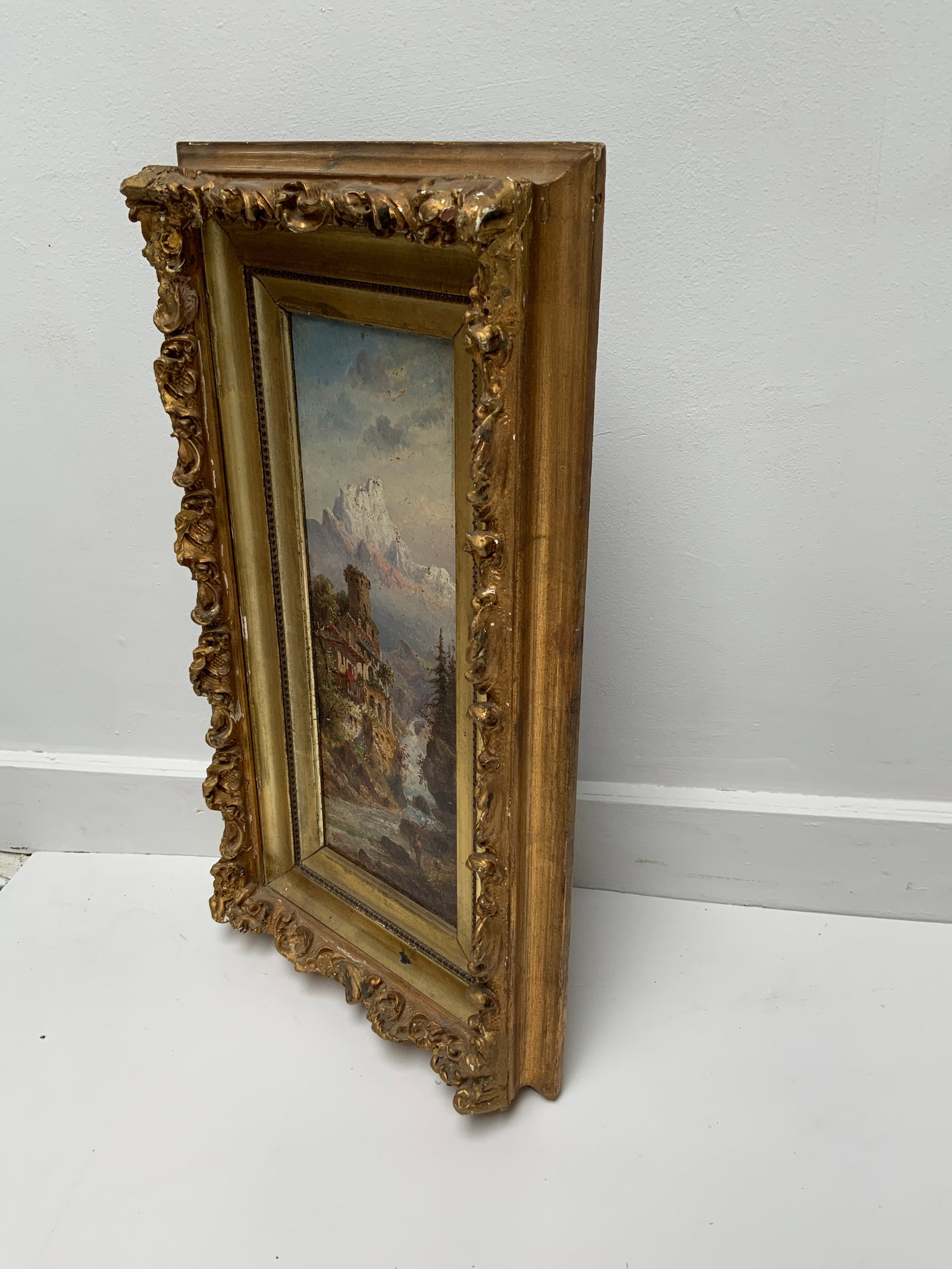 1920s Swiss Mountain and City Scape Paintings ,Oil on Panel Signed v R . Carved Gilt Frames - a Pair - 8