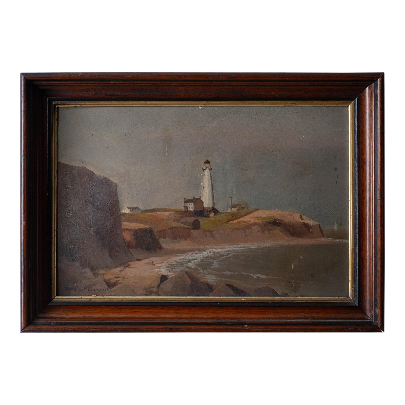 Montauk Point Lighthouse Oil Painting, Signed Mary L. McCormick, 1893: Montauk Point Lighthouse, oil on canvas by Mary L. McCormick, 1893 Lighthouse rises from grassy bluffs above surf with outbuildings under overcast sky, signed and dated lower left "Mary L. McCormick