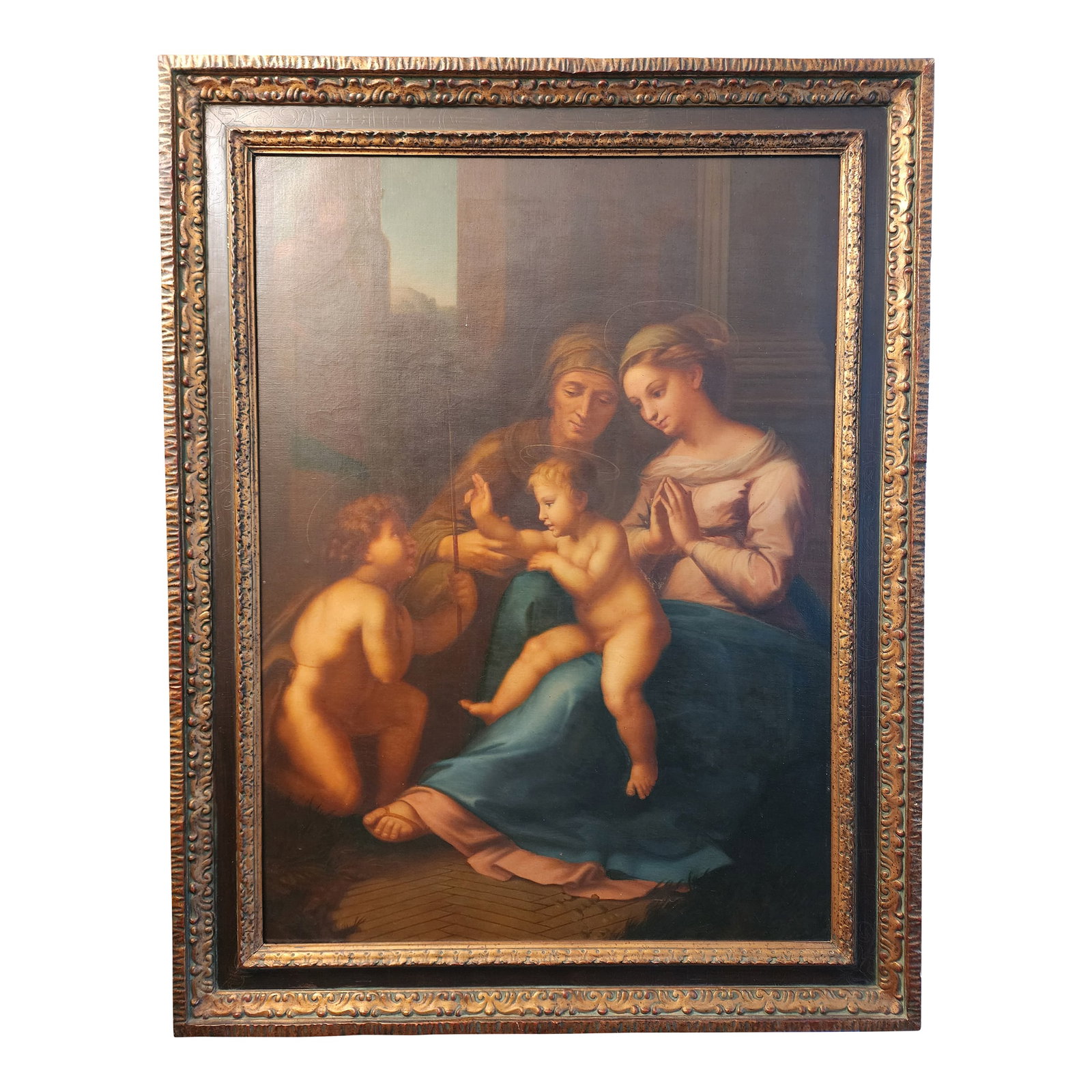 Incredible 19th Century Oil Painting of the Sacred Family Beautifully Framed: This stunning 19th century painting is a copy of the Sacre Familie and has been relined but not restored and beautifully framed. it is quite large and in excellent condition. Condition: Alterations: O