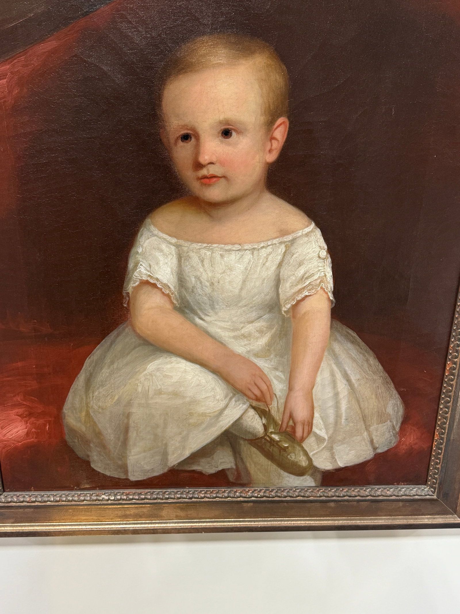 American Folk Art Portrait of a Young Child Holding a Slipper, C. 1830-1850 - 2