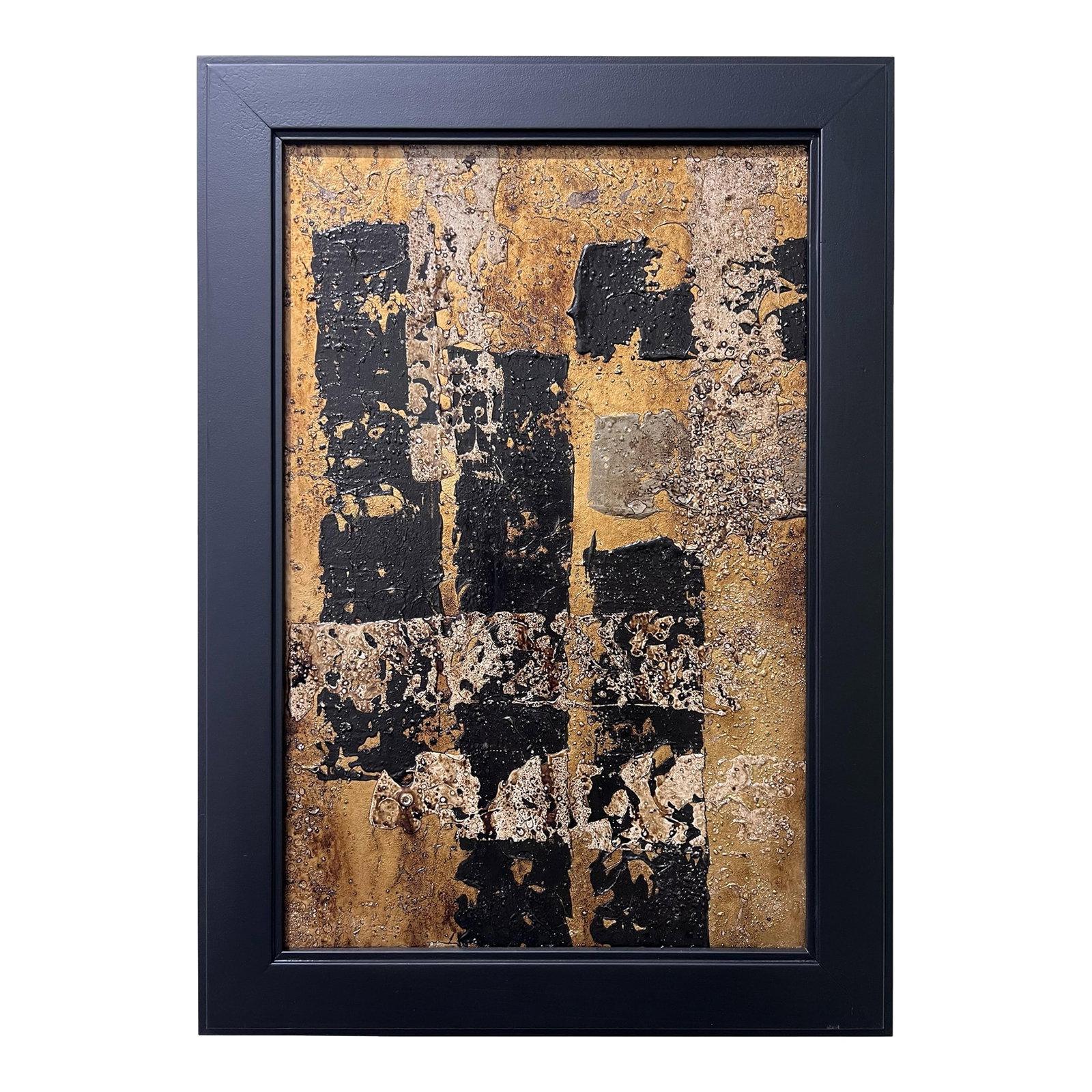 Apprehensive No. 1 - Original Abstract Painting by J. Kent Martin: Original abstract painting by J. Kent Martin featuring a rich field of warm gold layered with bold black forms and heavily textured surface detail. Apprehensive No. 1 carries a sense of unease