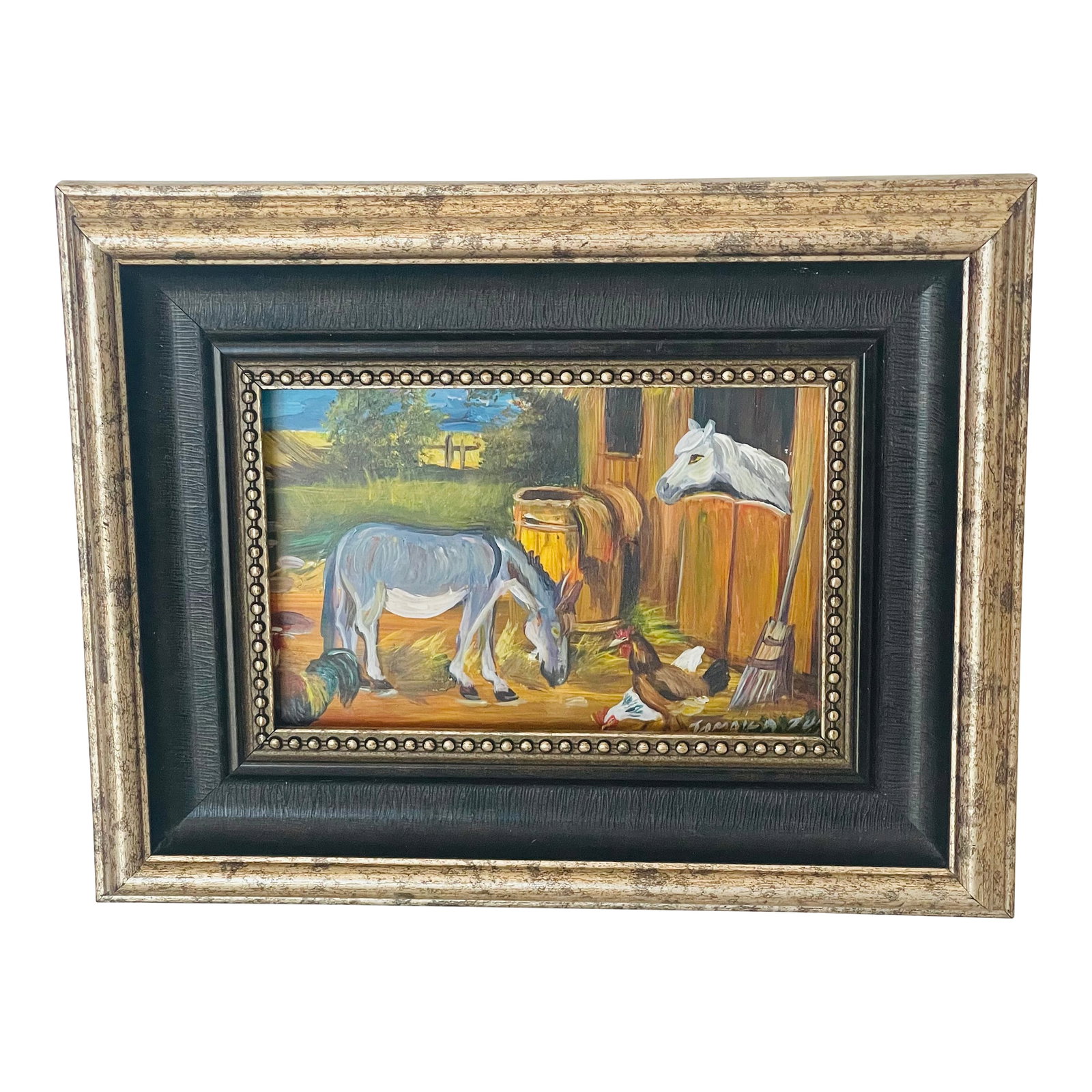 1950s Original Art Signed Folk Art Country Barn Scene: Original art oil on board signed of a country barn scene with a horse and a donkey. Condition: Alterations: Original Condition Unaltered Imperfections: Some Imperfections Condition Notes: Original