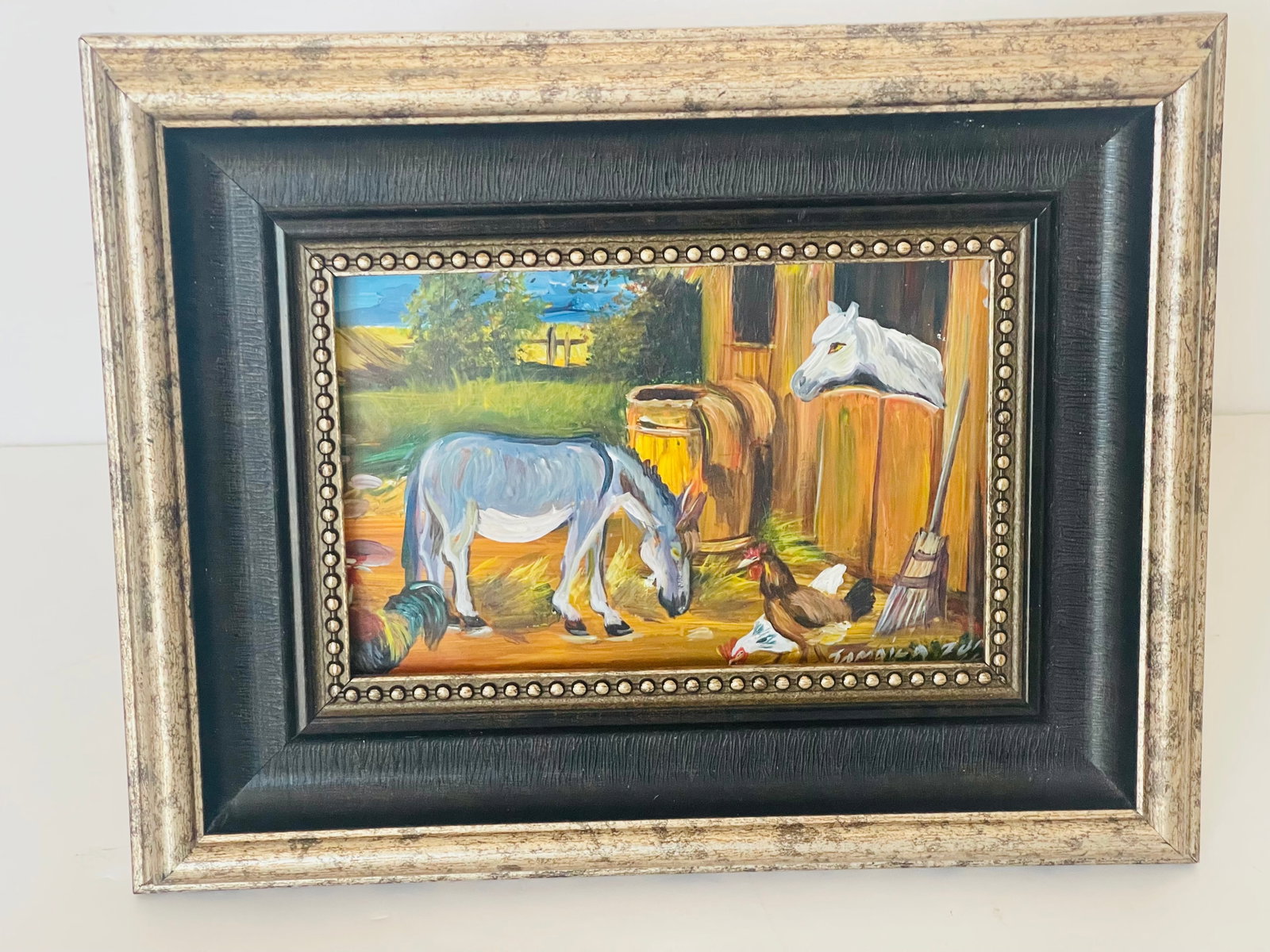 1950s Original Art Signed Folk Art Country Barn Scene - 2