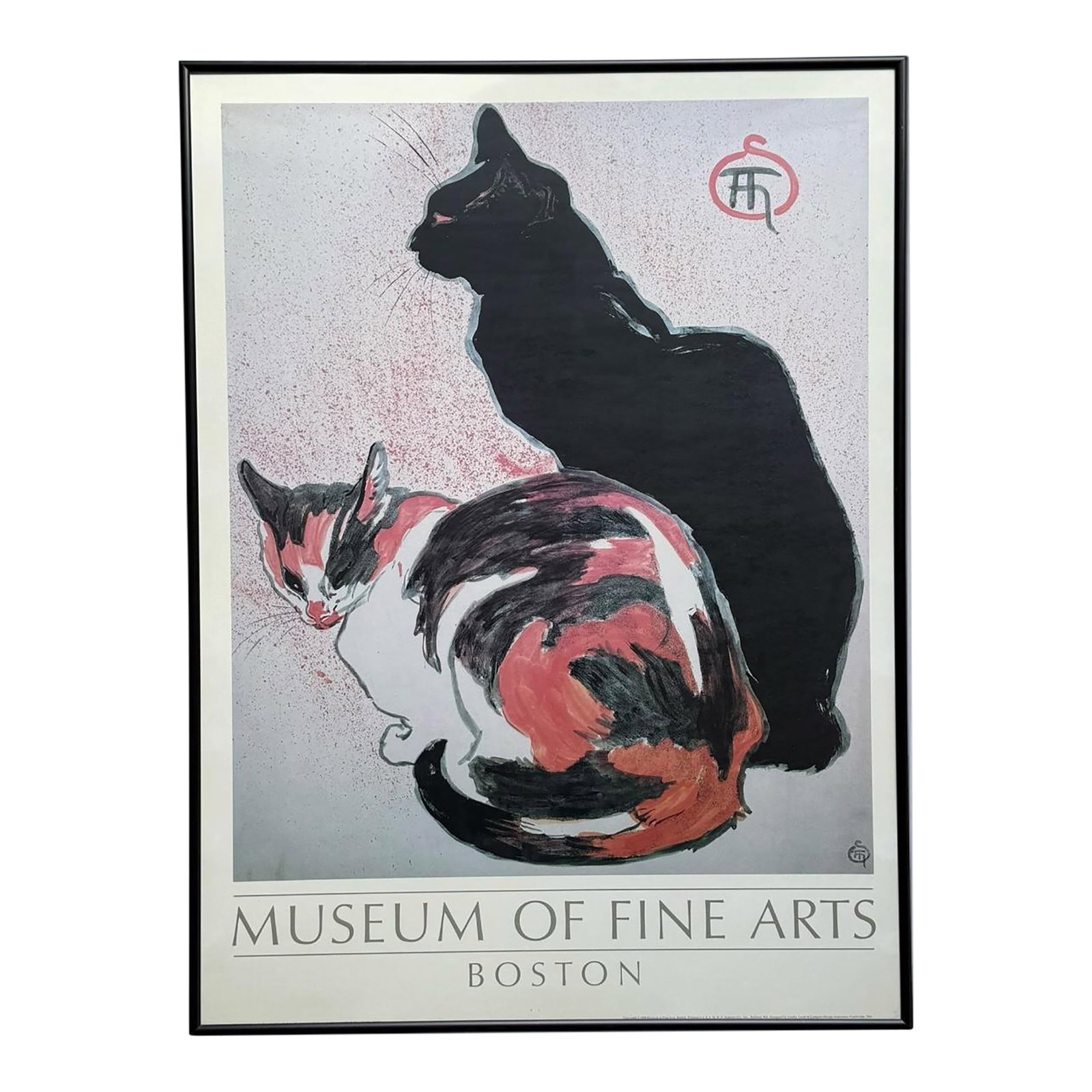 1980s Two Cats Framed Art Poster Museum of Fine Arts: This iconic poster features the artwork Two Cats, 1894 by Theophile-Alexandre Steinlen.Steinlen was a renowned Swiss-born French artist, deeply celebrated for his Art Nouveau style and his prolific,