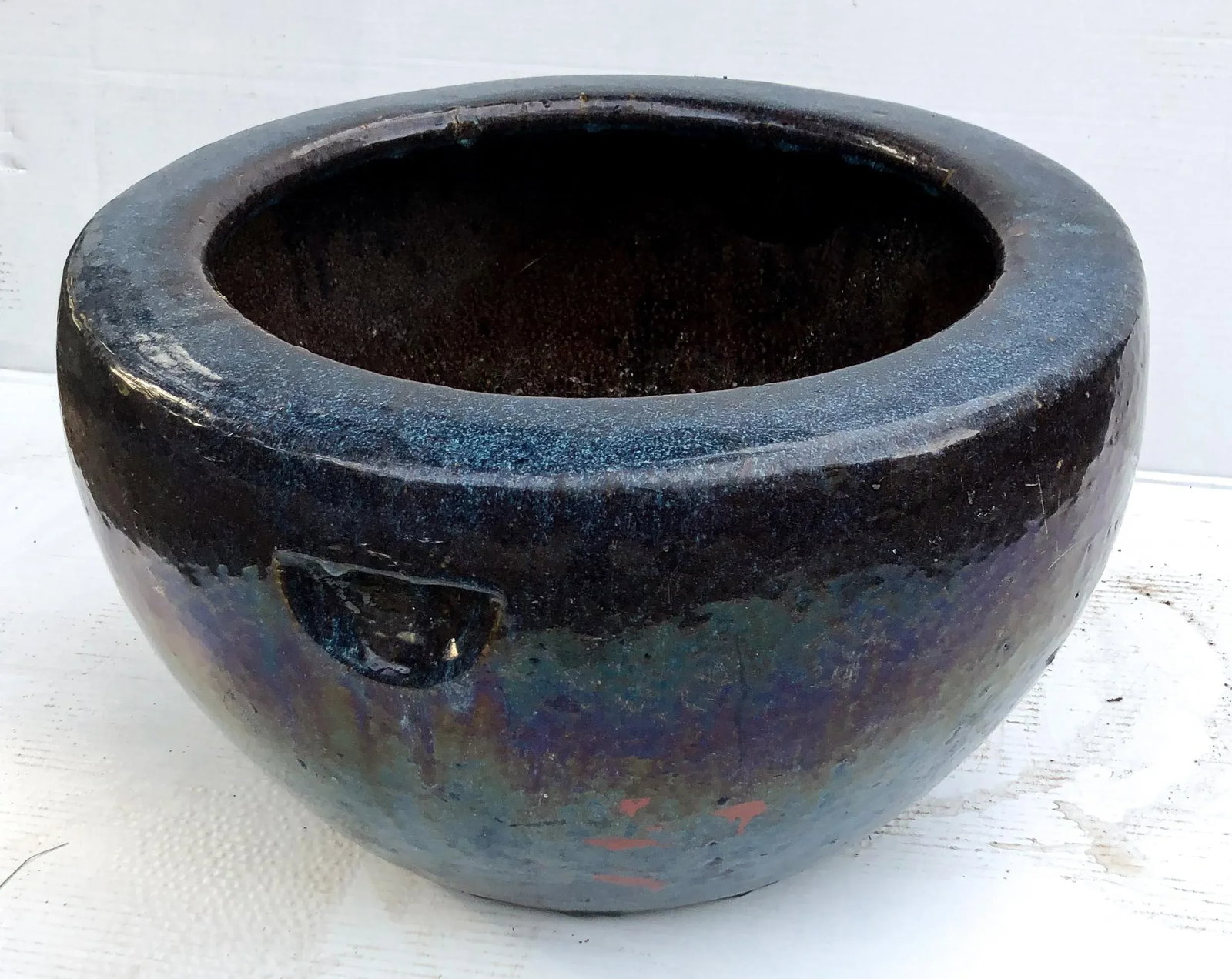 Antique Cobalt Blue Glazed Water Jar Planter - 13