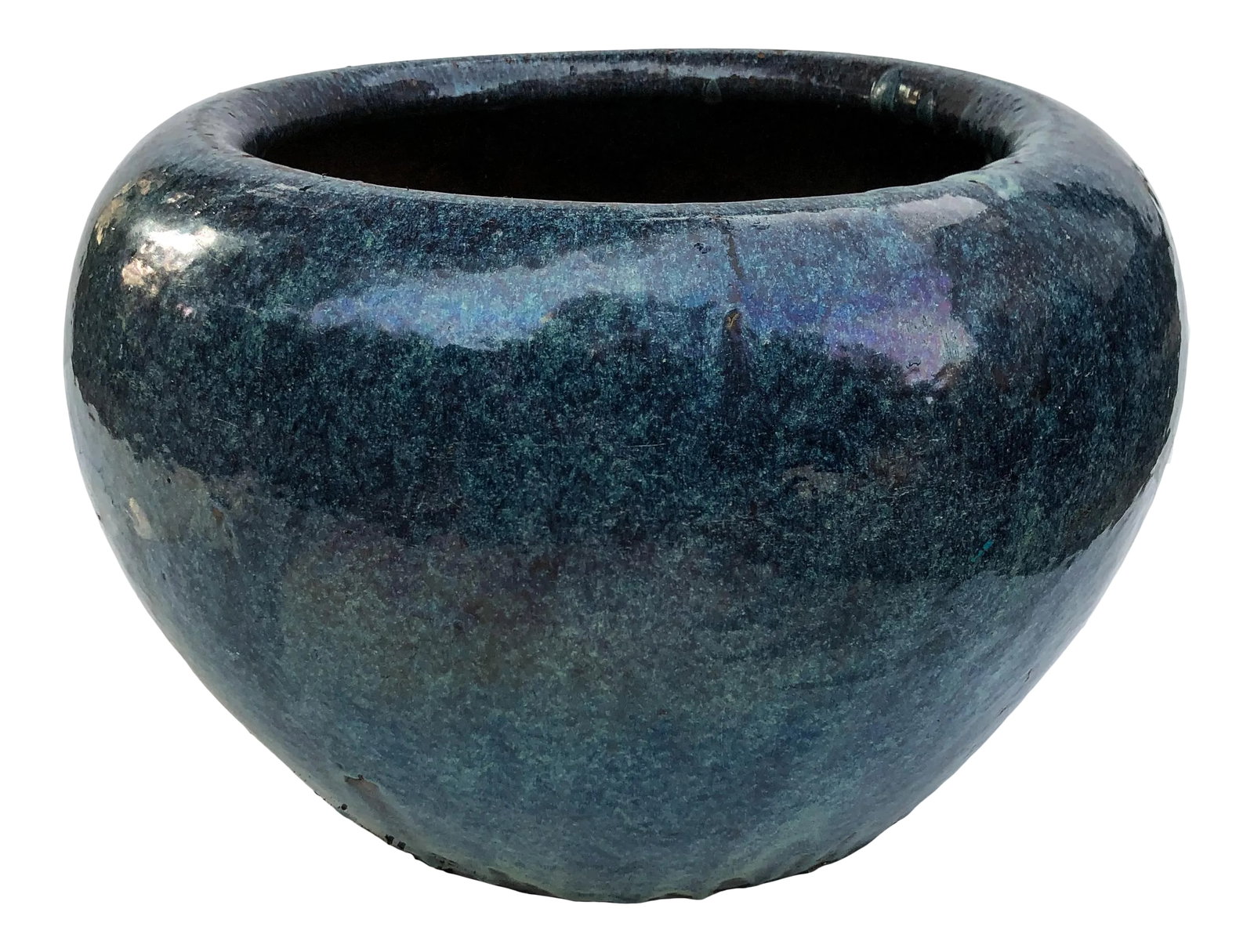 Antique Cobalt Blue Stoneware Water Vessel Planter: A magnificent piece of history from the "Silk Road". This work of art was used by travelers throughout Asia in the 1800s. In wonderful antique condition with no breaks, chips, or repairs. Glazing is